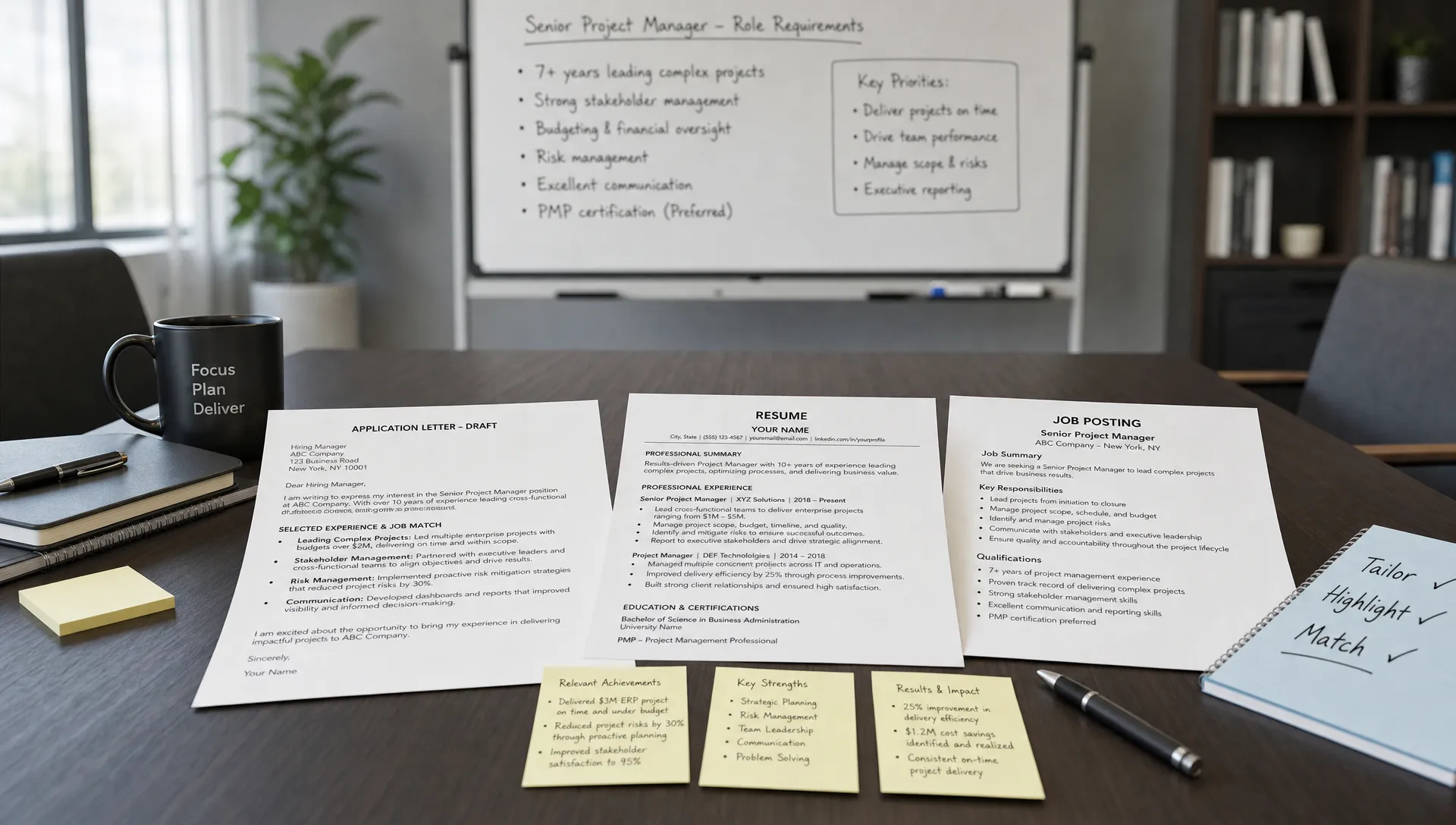 Landscape scene of an experienced professional preparing a tailored application letter in a modern office setting, with a printed letter draft, a resume page, a job posting printout, and a small cluster of achievement notes spread across a conference table, while a whiteboard with simple role requirements sits softly out of focus in the background and no people are visible. Wide framing, slightly angled eye-level view, focused on selective experience and job-match strategy with a confident, focused mood.