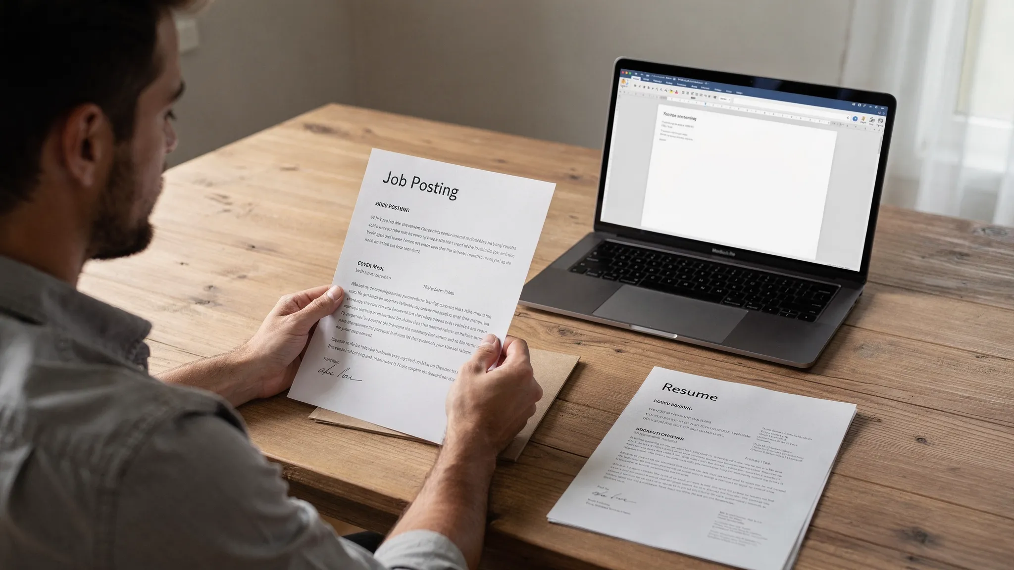 Landscape scene of a person reviewing a nearly finished cover letter at a table with a job posting printout, a resume, and a laptop screen facing the camera with a blank document open, suggesting confident final edits before sending an application. Medium-wide framing, indoor setting, with a calm and organized mood.