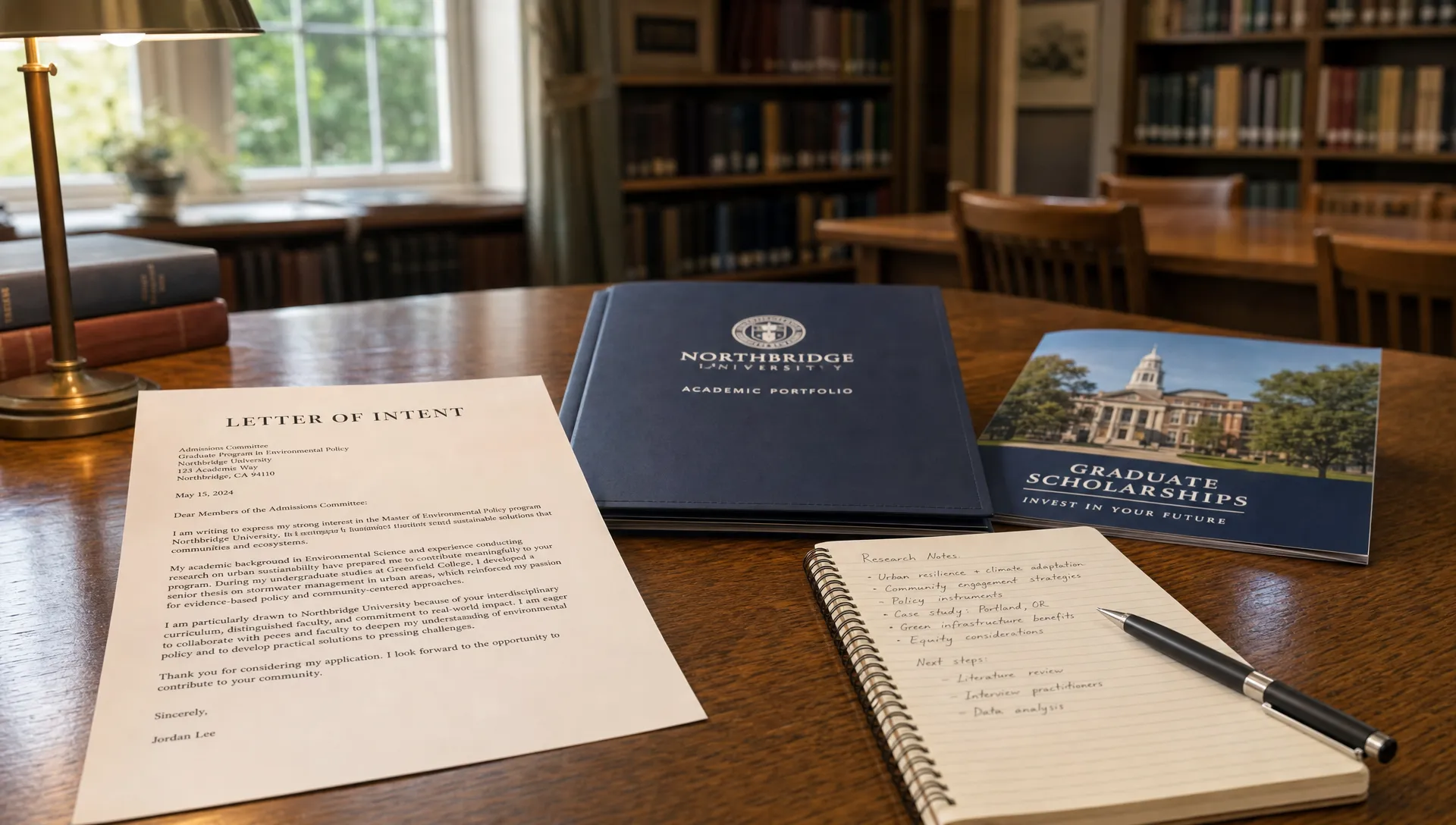 Landscape scene of a letter of intent being reviewed in a university-style reading room, with a printed formal letter as the hero element, an academic portfolio folder, a scholarship brochure, a research notebook, and a pen arranged on a wooden table, with bookshelves and soft window light in the background, no people visible. Wide framing, slightly angled eye-level view, indoor setting, focused on deciding whether a candidate's goals and preparation fit a program or opportunity with a thoughtful, composed mood.
