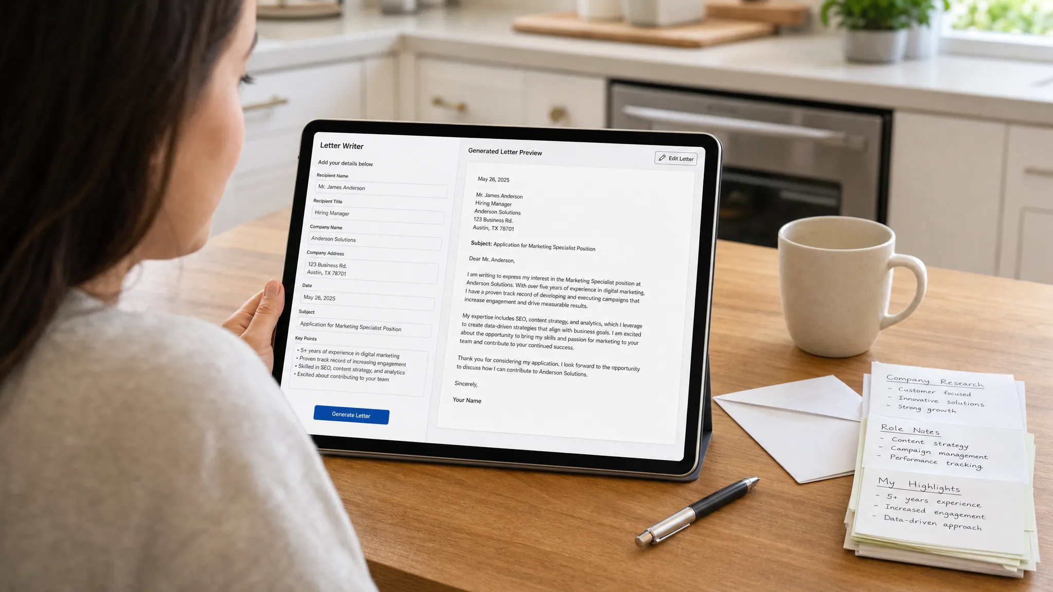 Landscape scene of a person reviewing a polished letter draft on a tablet at a kitchen table, with the screen facing the camera and showing a simple letter editor plus a generated letter preview, alongside an envelope, a pen, and a few neatly stacked reference notes, with no other content displayed behind the tablet. Wide framing, eye-level view, indoor setting, focused on turning prepared details into a ready-to-send professional letter with a calm, efficient mood.