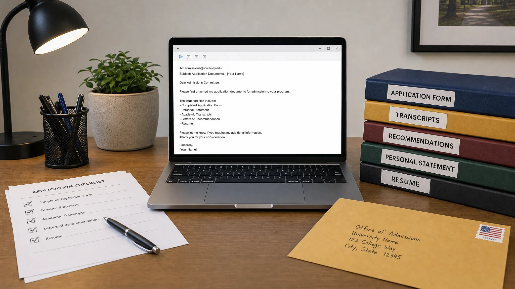 Landscape scene of a tidy desk with an email draft about sending application documents on a laptop screen facing the camera and showing only the draft message, alongside a stack of labeled folders, a paper checklist, and a sealed envelope ready to mail. Wide framing, indoor setting, eye-level view, multi-element arrangement, calm and organized mood.