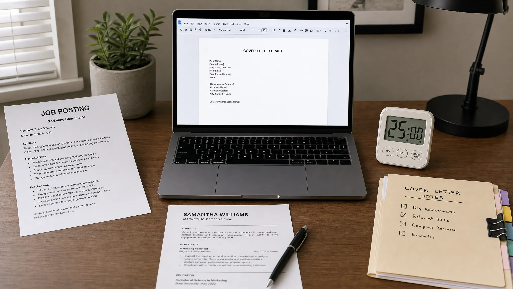 Landscape scene of a focused writing setup for creating a fast cover letter, showing a blank letter draft on a desk beside a job posting printout, a resume page, a simple timer, and a neatly stacked folder of supporting notes, with no people visible. Wide framing, eye-level view, indoor setting, centered on the writing process with a practical, time-sensitive mood.