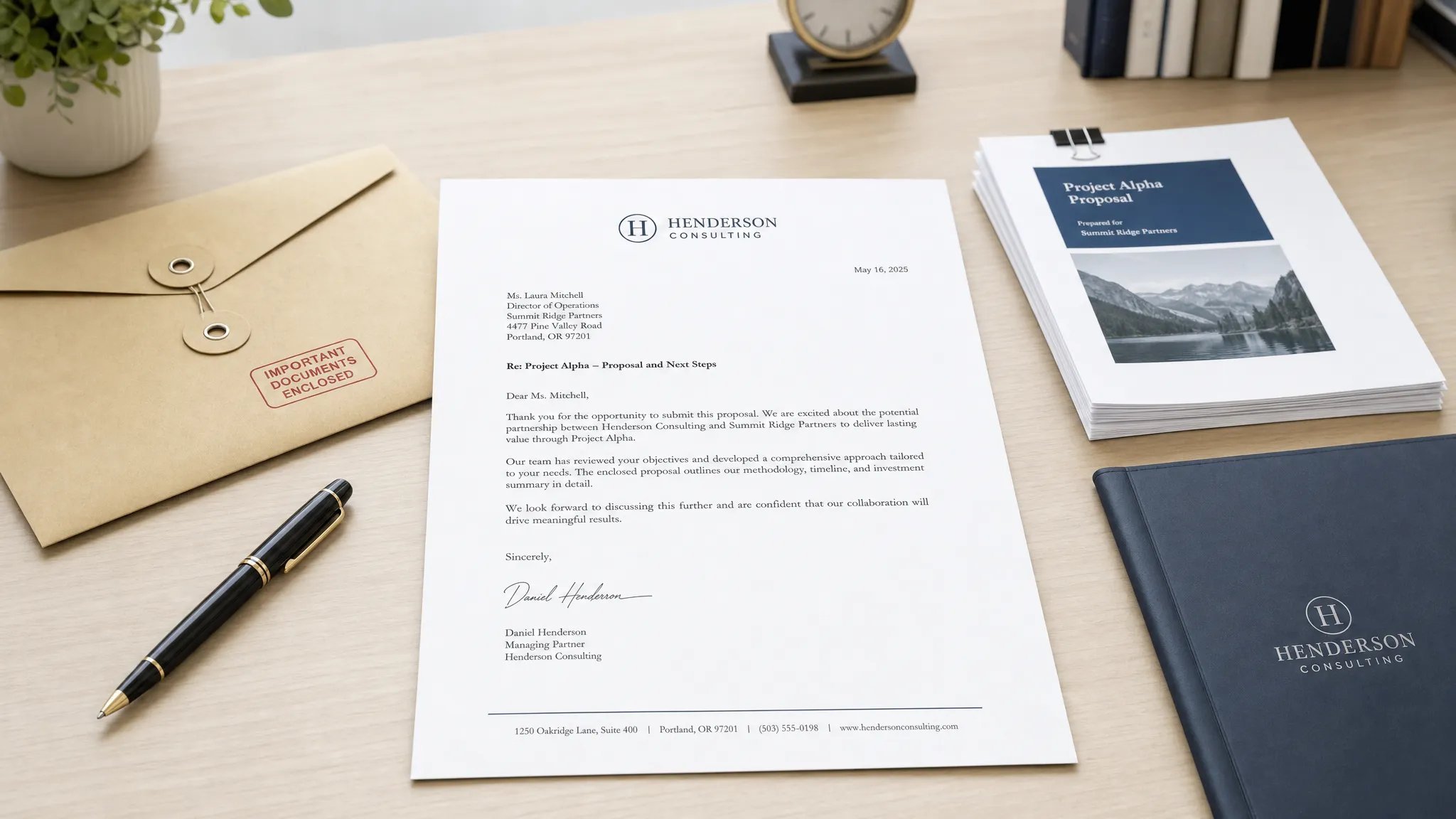 Landscape scene of a formal correspondence package laid out on a bright office desk, with one polished letter PDF page centered as the hero element, a sealed envelope, a pen, a small stack of reference documents, and a tidy folder beside it, no people visible. Wide framing, slightly angled eye-level view, indoor setting, focused on the idea of exporting a letter into a reliable record-ready PDF with a calm, professional mood.
