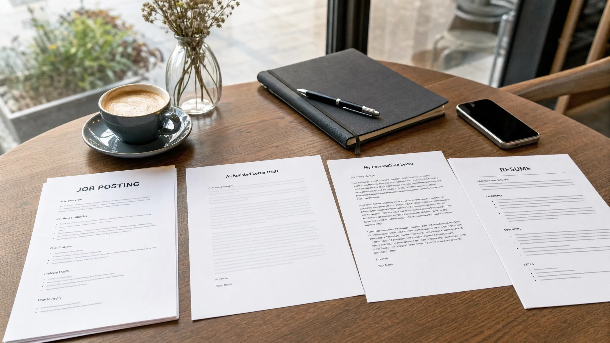 Landscape scene of a job seeker comparing an AI-assisted letter draft with a printed job posting and a resume at a café table by a window, with a smartphone and notebook beside a cup of coffee, no screens showing content and no people visible. Wide framing, slightly angled eye-level view, focused on the idea of refining a draft into a more personal application letter in a real-world setting with a calm, thoughtful mood.
