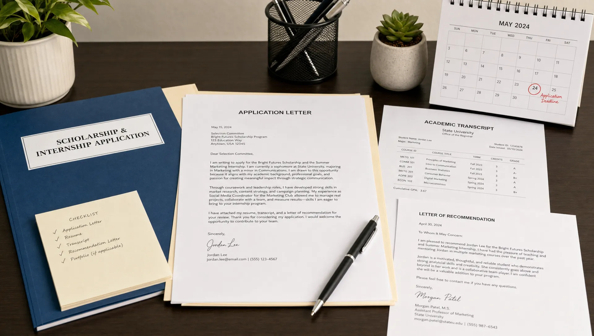 Landscape scene of a scholarship and internship application packet spread across a clean desk, with a printed application letter as the hero element, a school transcript, a recommendation note, a pen, and a small calendar showing a deadline nearby, no people visible. Wide framing, slightly elevated eye-level view, indoor setting, focused on matching qualifications to a specific opportunity with a calm, organized mood.