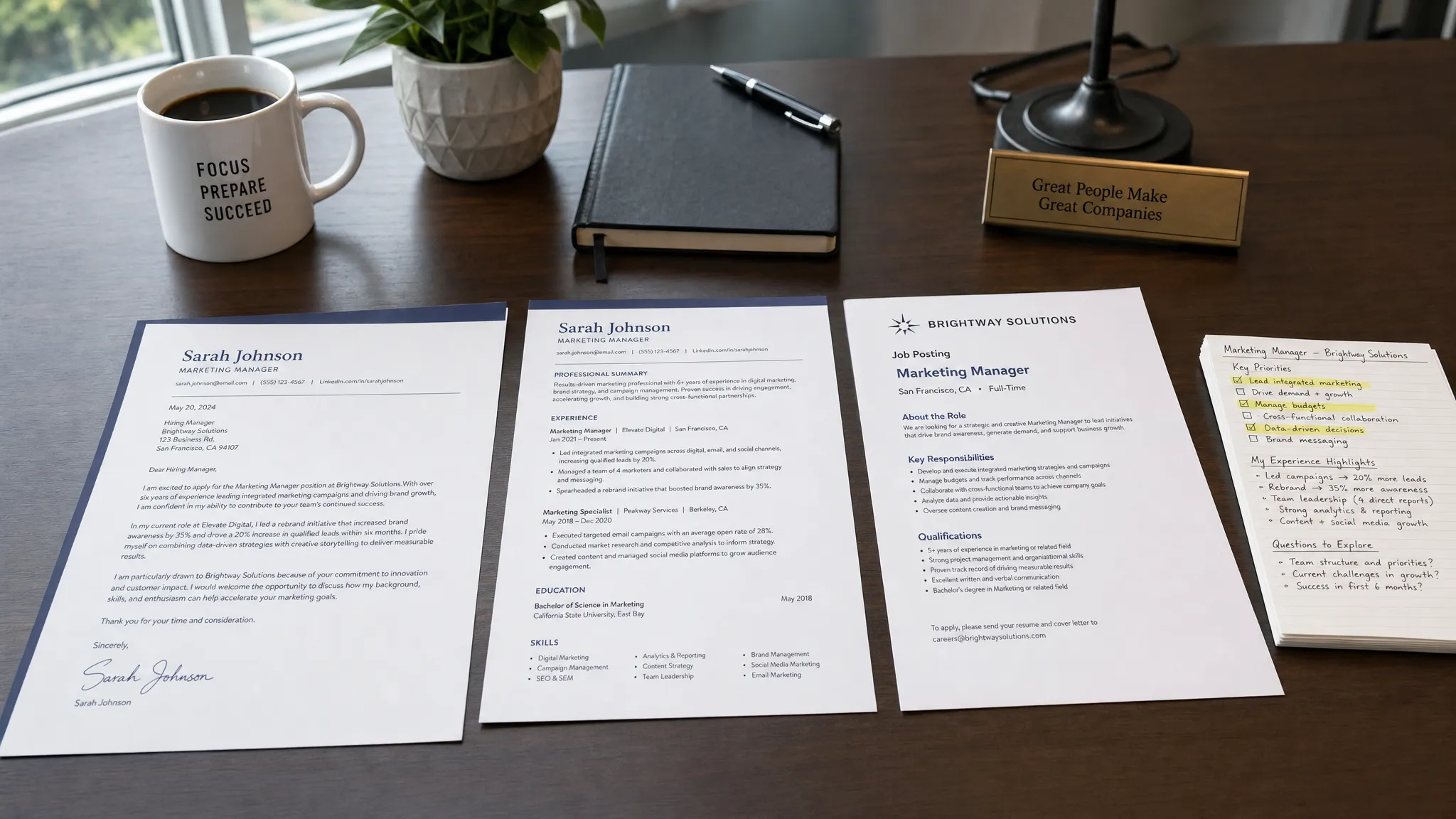 Landscape scene of a recruiter’s view of a strong job application package on a modern office table, with a polished cover letter, a resume page, a job posting printout, and a small stack of highlighted notes arranged in a neat spread, no people visible. Wide framing, slightly angled eye-level view, indoor setting, focused on a single application packet as the hero element with a calm, confident mood.