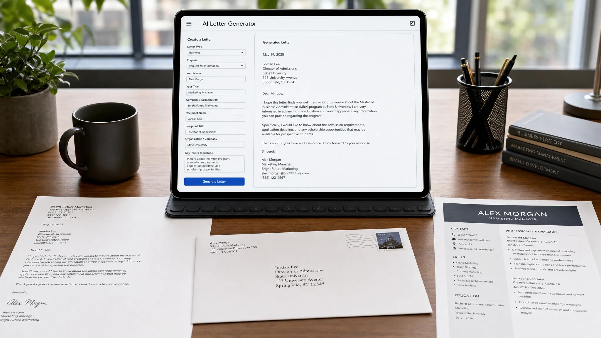 Landscape scene of a polished letter-writing workspace with a tablet or laptop screen facing the camera showing a simple AI prompt form and a generated letter preview, alongside a printed business letter, an envelope, and a separate resume page on a clean desk, with no people visible. Wide framing, eye-level view, indoor setting, focused on the contrast between formal correspondence and application materials with a calm, efficient mood.