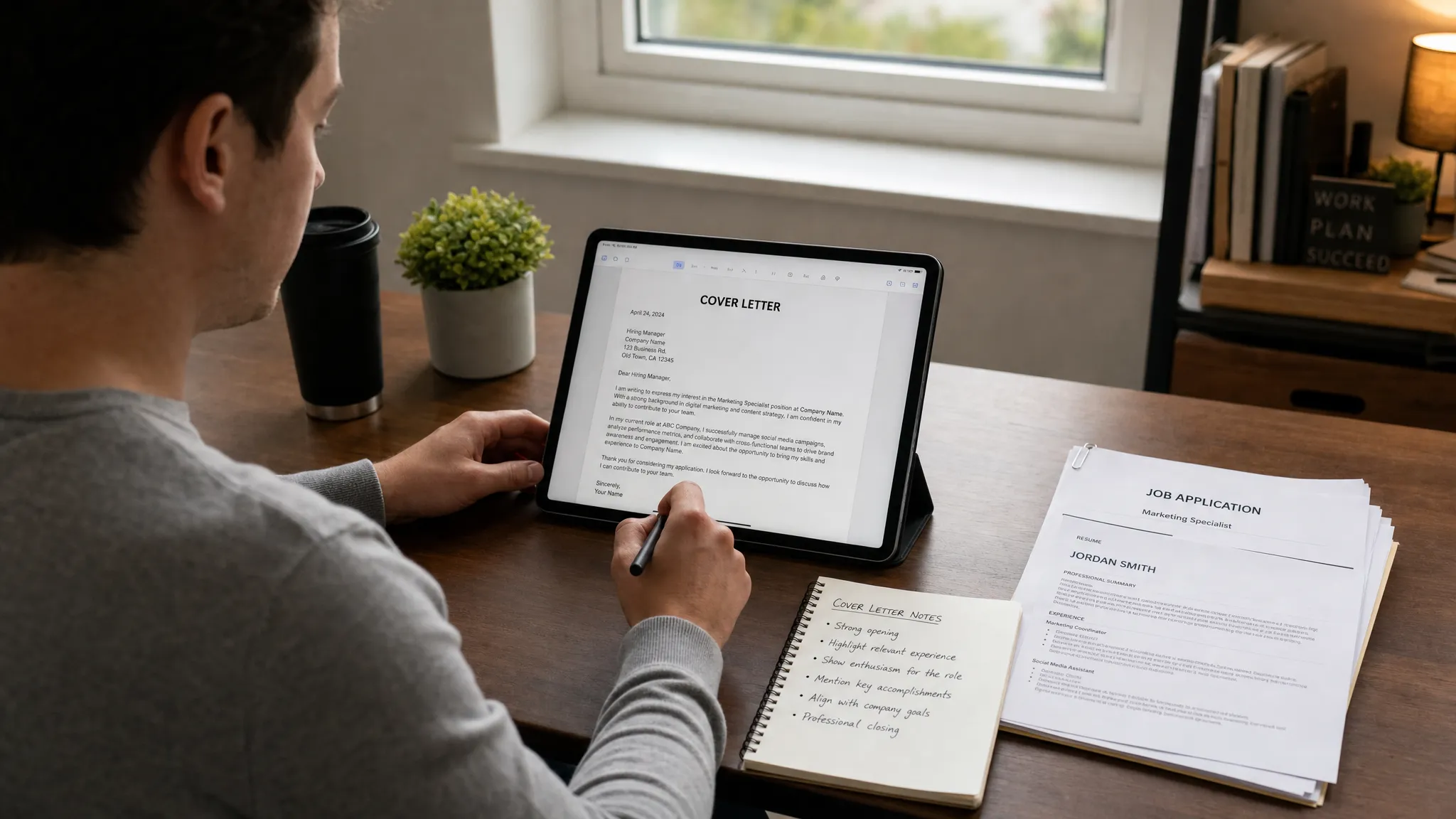 Landscape scene of a person drafting a cover letter on a tablet at a small workspace, with a notebook of bullet-point notes and a simple stack of job application papers nearby, while a window in the background suggests a focused work session. Medium-wide framing, indoor setting, eye-level view, one clear hero workspace, calm professional mood.
