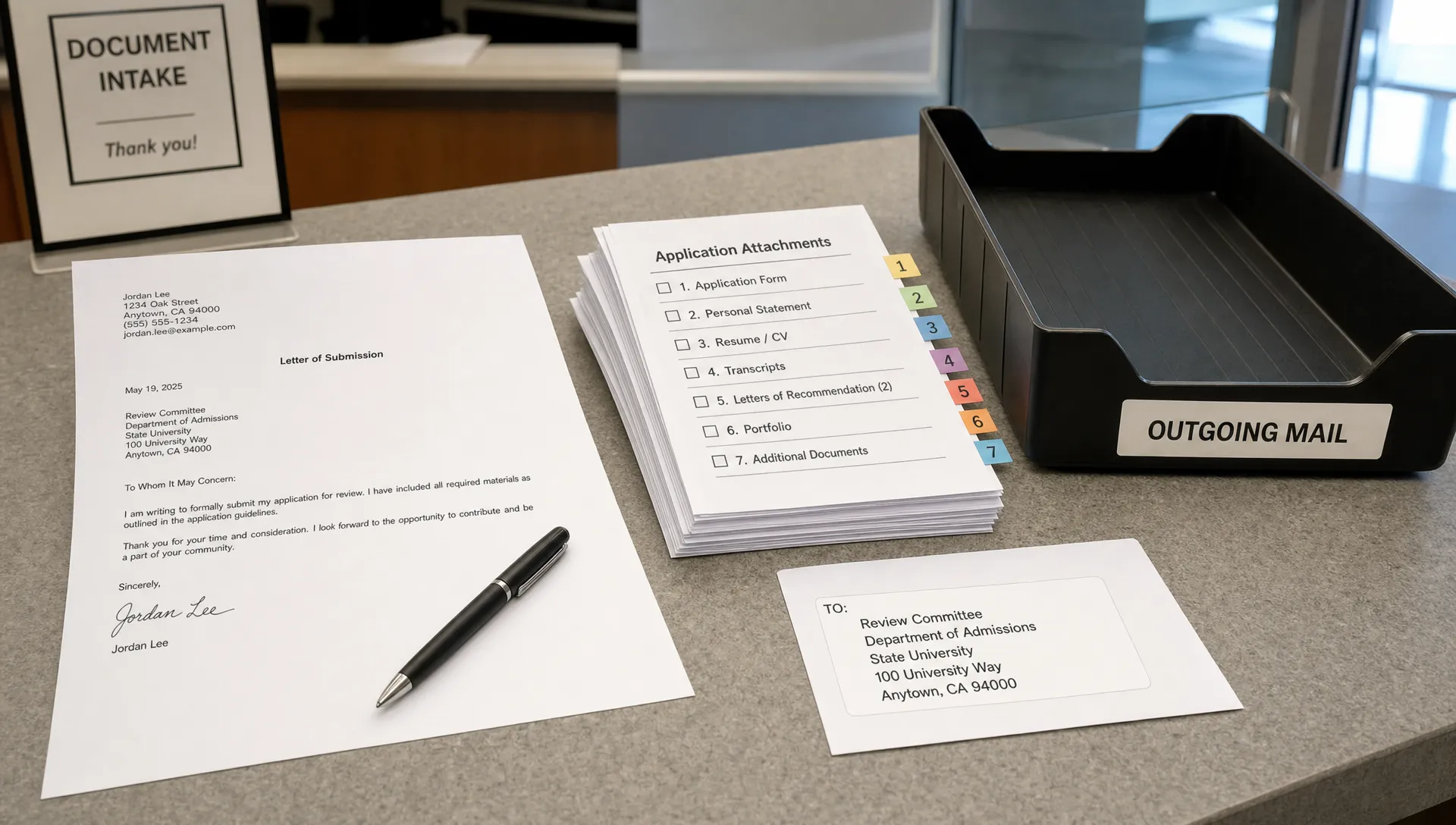 Landscape scene of a submission letter package being prepared at a modern intake counter, with a printed formal letter as the hero element, a neat stack of labeled attachments, an address label, a pen, and an open mail tray beside it, no people visible. Wide framing, slightly angled eye-level view, indoor setting, focused on formally sending documents for review and confirming what is included with a calm, orderly mood.