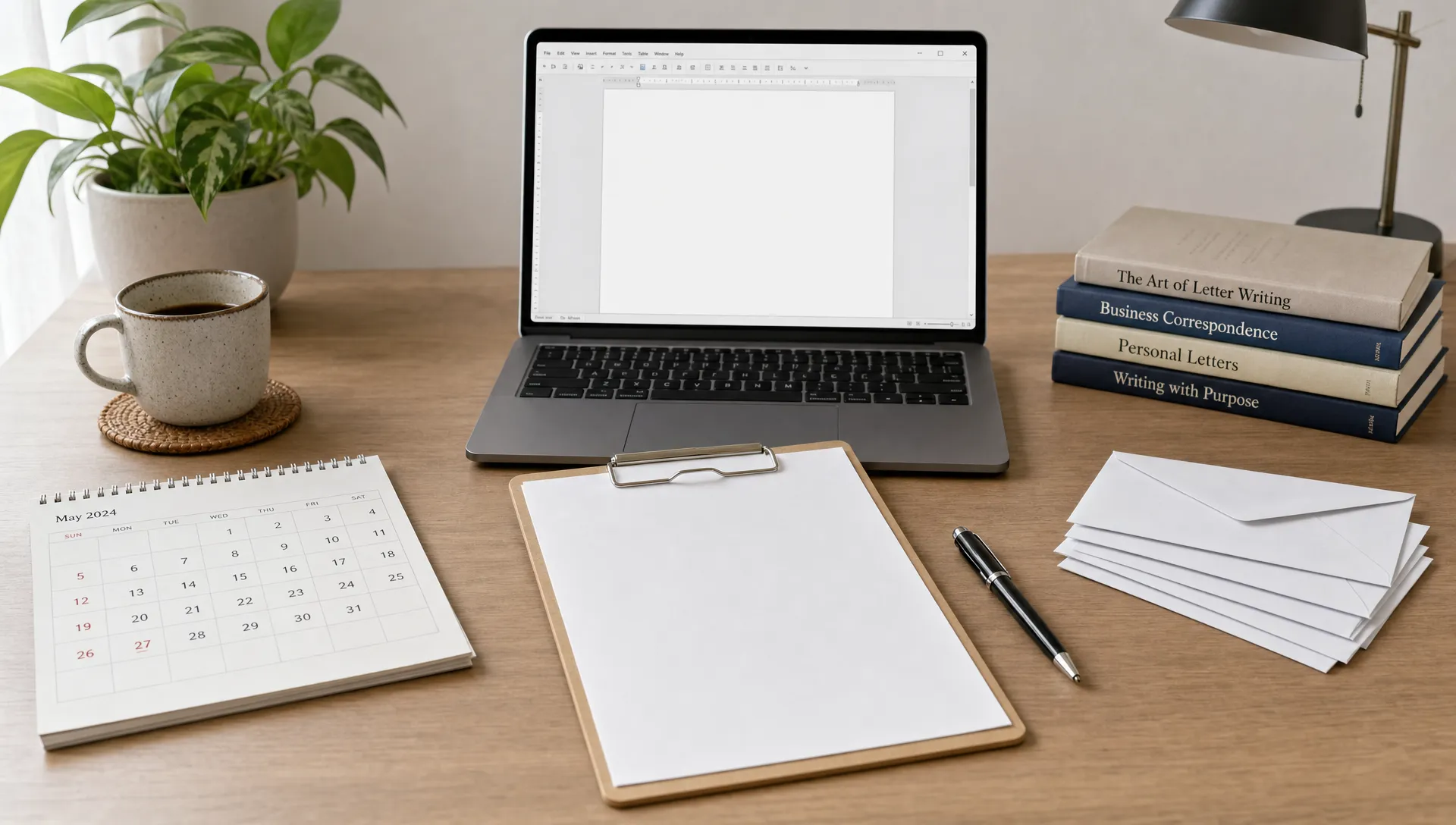 Landscape scene of a simple letter-writing workspace with a blank sheet on a clipboard as the hero element, a laptop open to a text editor facing the camera with nothing displayed behind it, a pen, a calendar page, and a small stack of clean envelopes arranged on a tidy table, no people visible, wide framing, slightly angled eye-level view, indoor setting, focused on a clear process for drafting and sending different kinds of letters with a calm, organized mood.