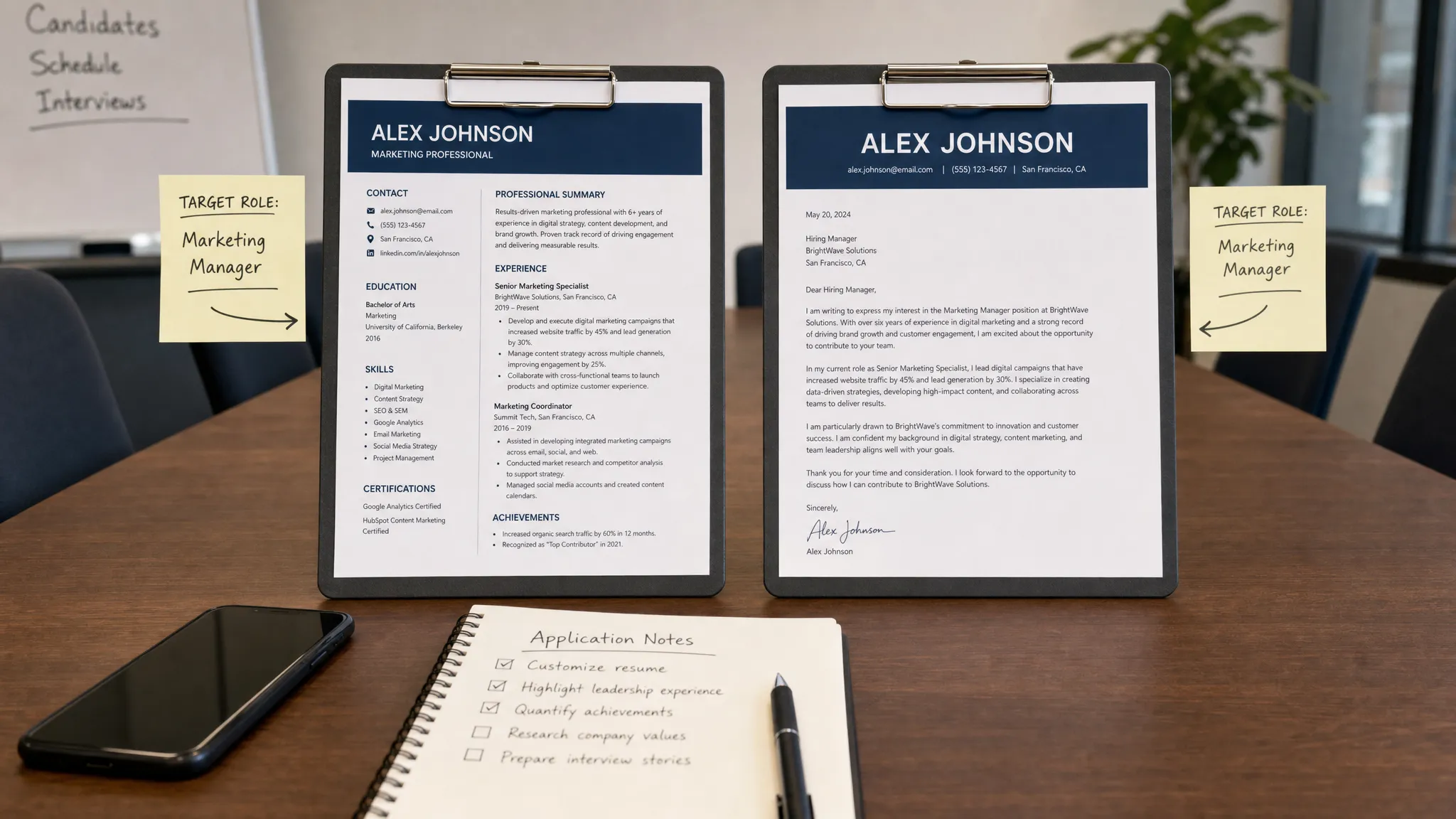 Landscape scene of a clean editorial-style arrangement on a conference table with two printed documents, one resume and one cover letter, each clipped to a presentation board and marked with matching callouts to the same target role, with a phone, pen, and a small stack of application notes nearby. Wide framing, eye-level view, indoor setting, focused on a multi-element comparison setup with a calm professional mood.