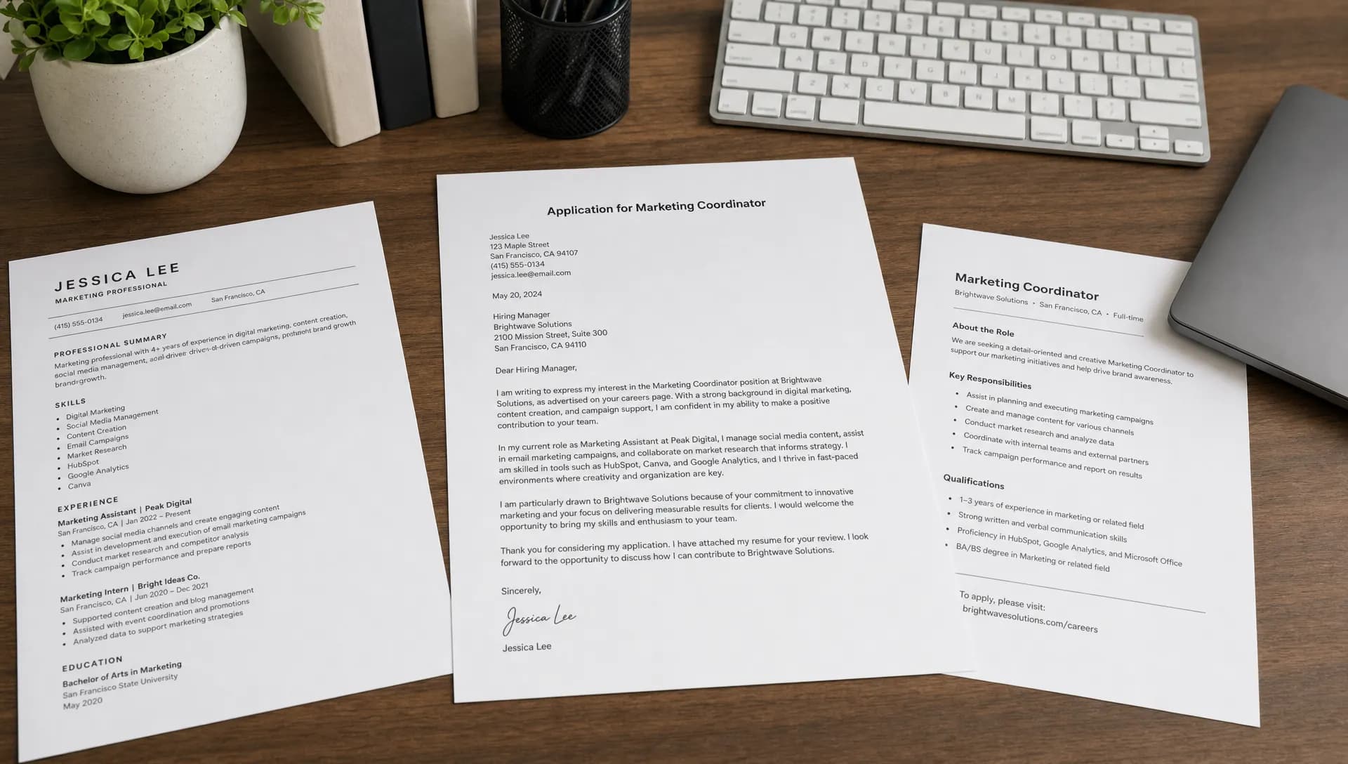 Landscape scene of a job application letter being assembled on a tidy home office desk, with a printed business letter draft centered as the hero element, a resume page, a job posting printout, a keyboard, and a closed laptop placed beside it, no people visible. Wide framing, slightly angled eye-level view, indoor setting, focused on clear letter structure and professional communication with a calm, orderly mood.