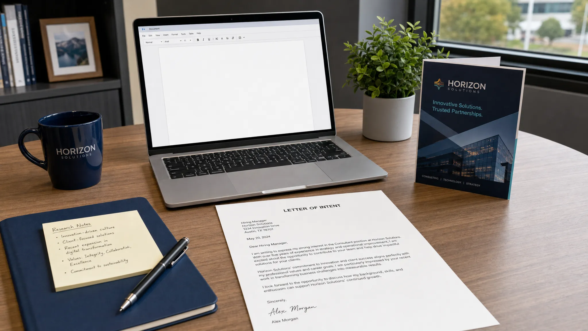 Landscape scene of a hiring manager’s desk with a printed letter of intent as the central document, a laptop open to a blank text editor facing the camera, a company brochure, and a pen beside a folder of notes, all arranged in a tidy office setting with no people visible. Wide framing, slightly angled eye-level view, indoor setting, focused on the connection between target employer research and a polished letter draft with a calm, professional mood.