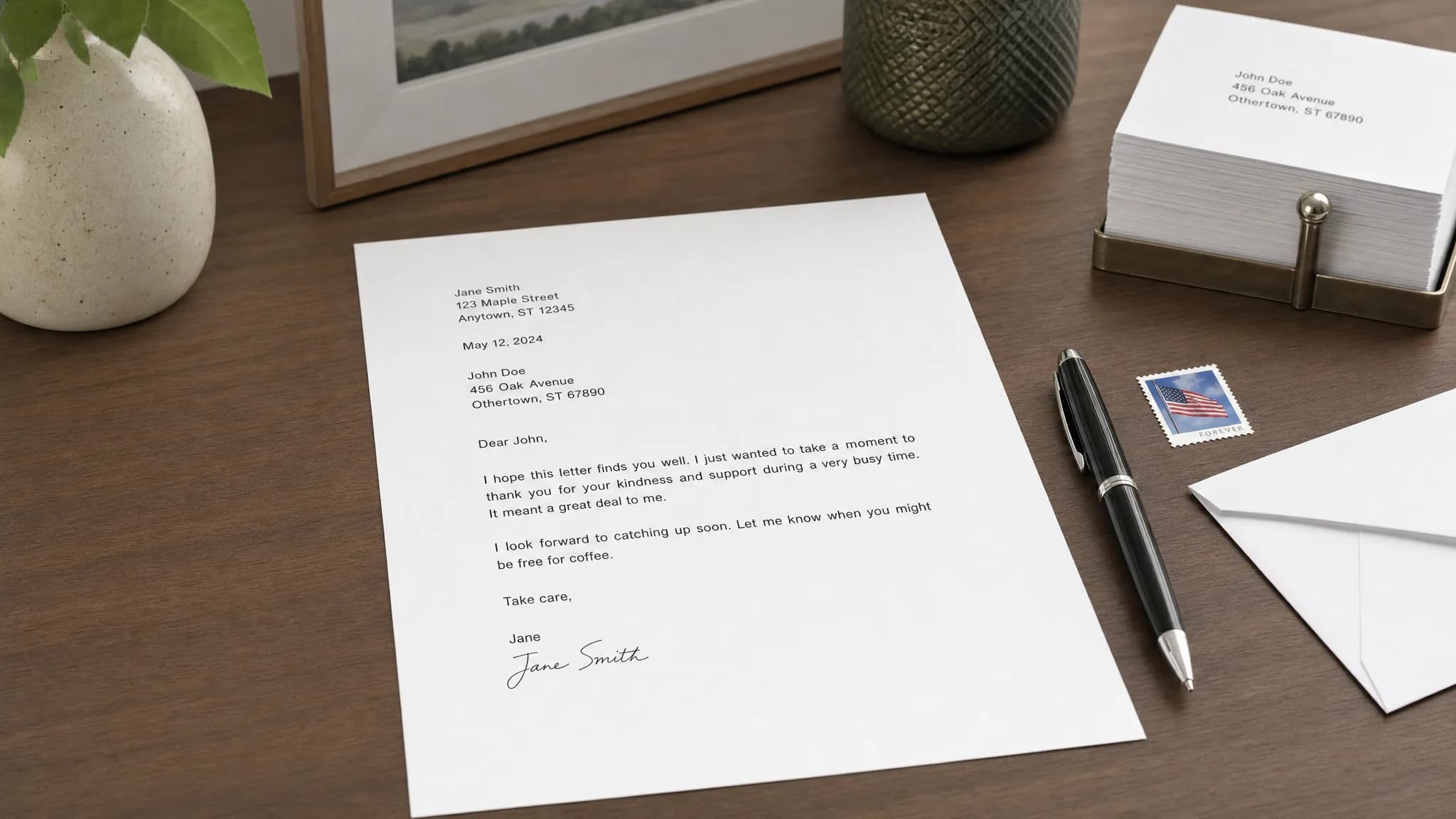 Landscape scene of a neatly arranged printed simple letter with a pen, a stack of address cards, a stamp, and an envelope on a tidy table, with no people visible. Medium-wide framing, indoor setting, eye-level view, focused on one clear hero letter and a calm, organized mood.