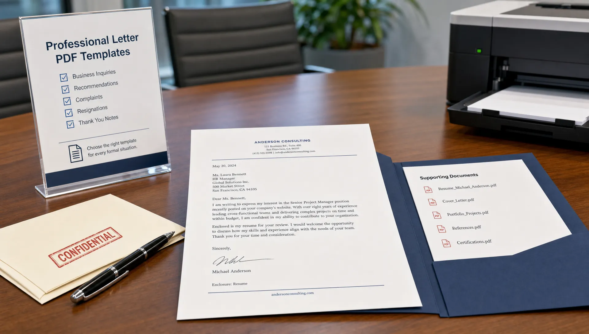 Landscape scene of a polished PDF letter creation setup on a conference table, with a printed formal letter as the hero element, a clean folder of supporting documents, a pen, a stamped envelope, and a subtle printer tray nearby, no people visible. Wide framing, slightly angled eye-level view, indoor setting, focused on choosing a professional letter PDF template for different formal situations with a calm, orderly mood.