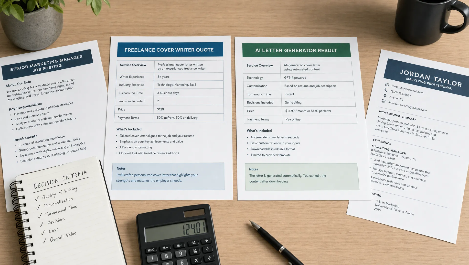 Landscape scene of a side-by-side comparison between a freelance cover writer quote sheet and an AI letter generator result sheet on a clean table, with a printed job posting, a resume page, a calculator, and a notebook of decision criteria arranged around them, no people visible. Wide framing, slightly elevated eye-level view, indoor setting, focused on choosing the best-value cover letter help with a practical, thoughtful mood.