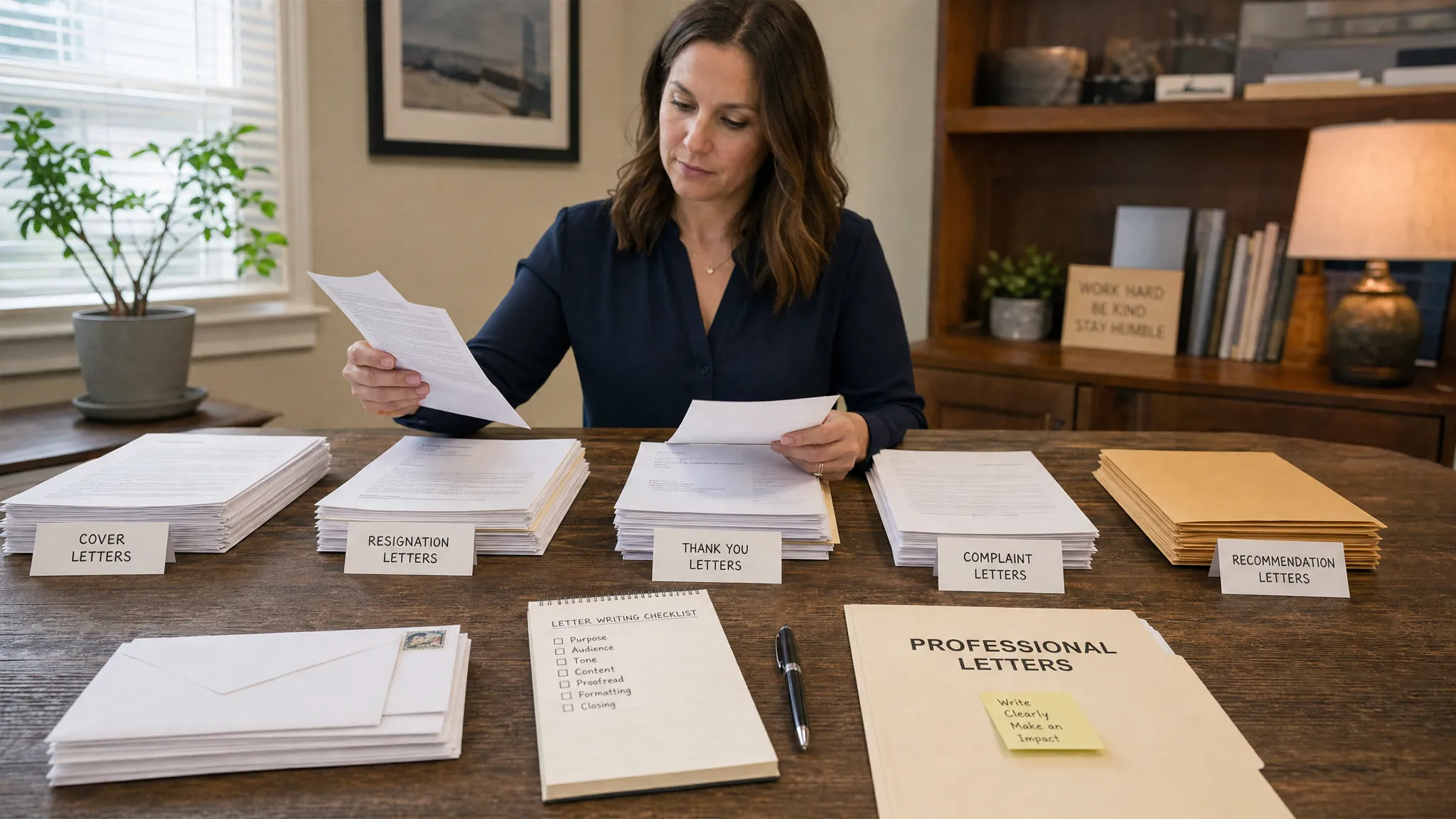 Landscape scene of a person at a table organizing different kinds of professional letters into clearly separated stacks, with envelopes, labeled folders, a pen, and a simple checklist spread out beside them, suggesting a range of formal writing needs. Wide framing, eye-level view, indoor setting, focused on a multi-element arrangement with a calm, practical mood.