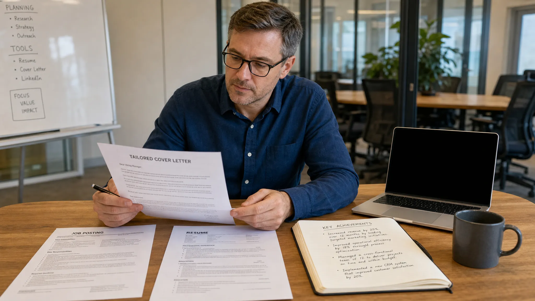 Landscape scene of an experienced professional reviewing a tailored cover letter at a shared office table, with a printed letter draft, a resume page, a job posting printout, and a notebook open to specific work achievements, while a laptop sits nearby with the screen facing the camera and nothing displayed behind it. Wide framing, slightly angled eye-level view, indoor setting, focused on turning real experience into a credible application with a calm, confident mood.
