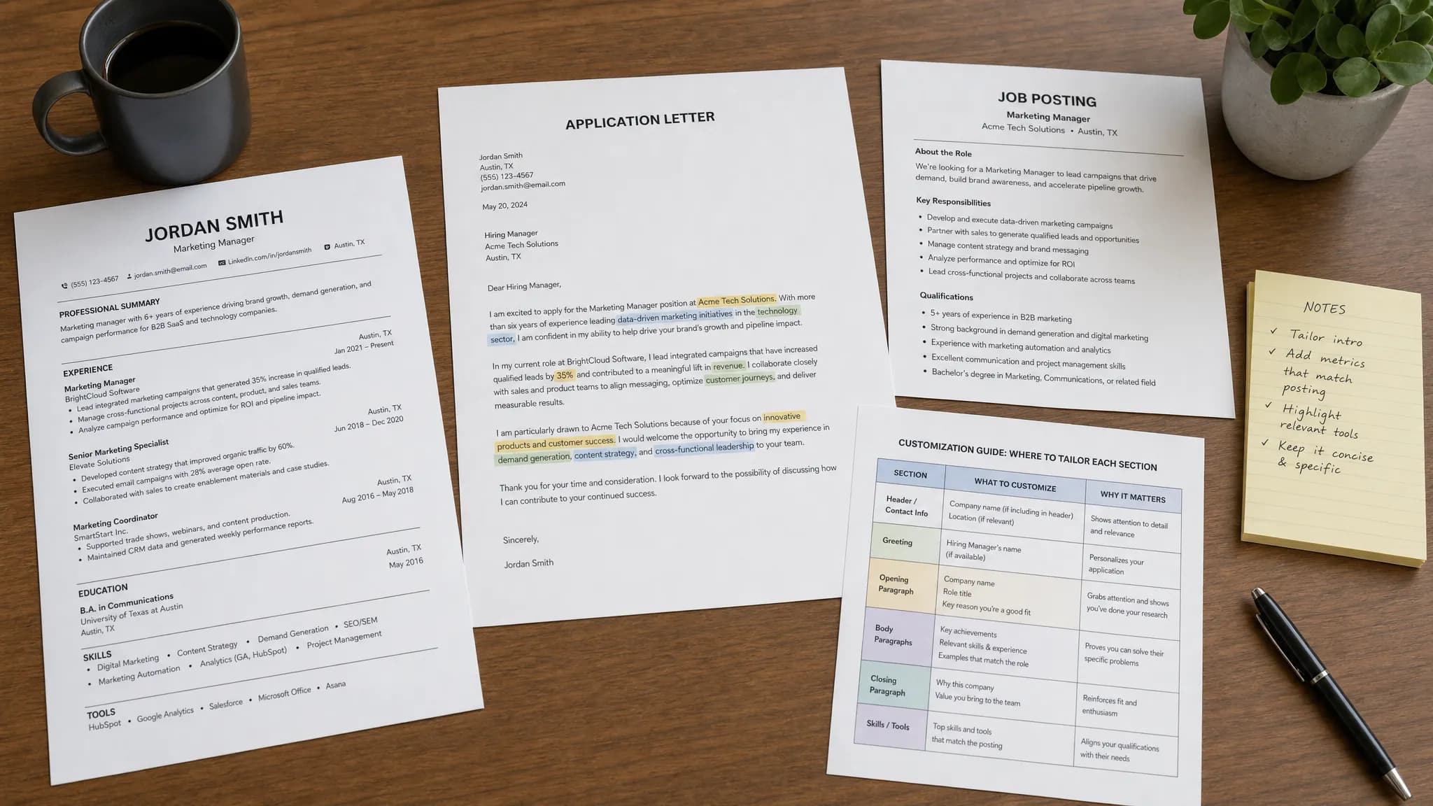Landscape scene of a job application letter being reviewed on a large desk beside a resume page, a job posting printout, and a simple comparison chart showing where to customize each section, with a neat stack of notes and a pen nearby, no people visible. Wide framing, overhead view, indoor setting, focused on the editing and tailoring process with a calm, practical mood.