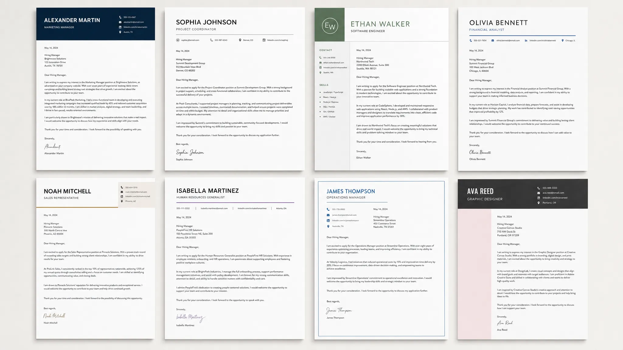 Landscape view of several different cover letter pages displayed in a neat grid on a light background, each with a distinct header and paragraph structure, emphasizing clean spacing, readable formatting, and comparison between layouts. Wide framing, overhead point of view, multi-page arrangement, calm and organized mood.