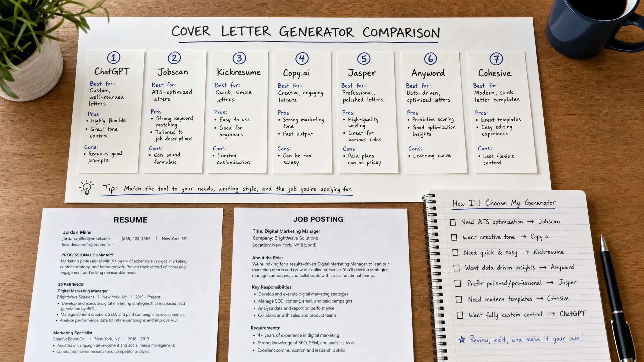 Landscape scene of a clean comparison board laid out on a table with seven small paper panels labeled for different cover letter tools, plus a resume page, a job posting printout, and a handwritten checklist beside them, suggesting choosing the right generator for different writing needs. Wide framing, overhead view, indoor setting, multi-element arrangement, organized and informative mood.