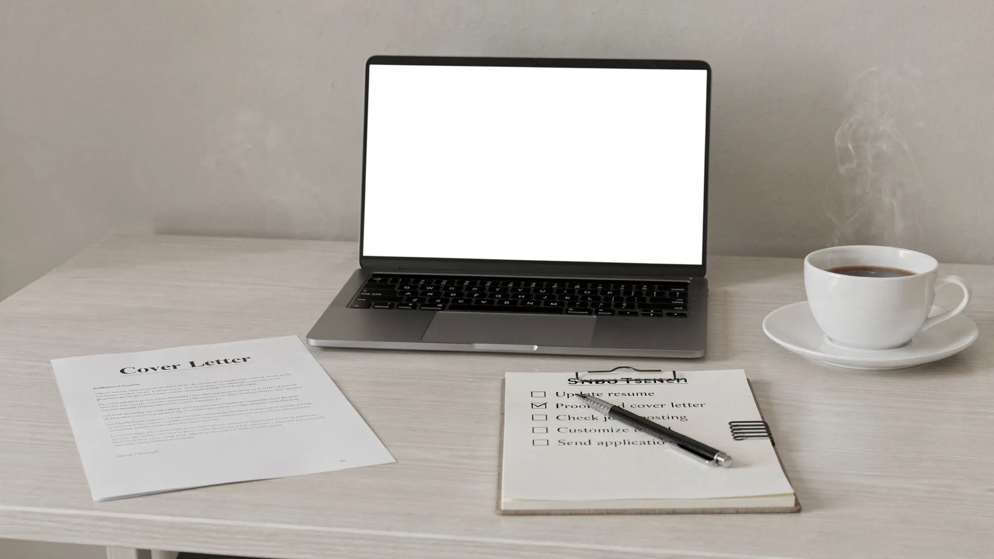 Landscape view of a tidy home-office desk arranged for job-application preparation: a printed cover letter page next to an open laptop (screen facing the camera and blank), a notepad with a short pre-send checklist, a pen, and a coffee cup. Wide, eye-level composition that emphasizes practical, professional readiness to submit an application.