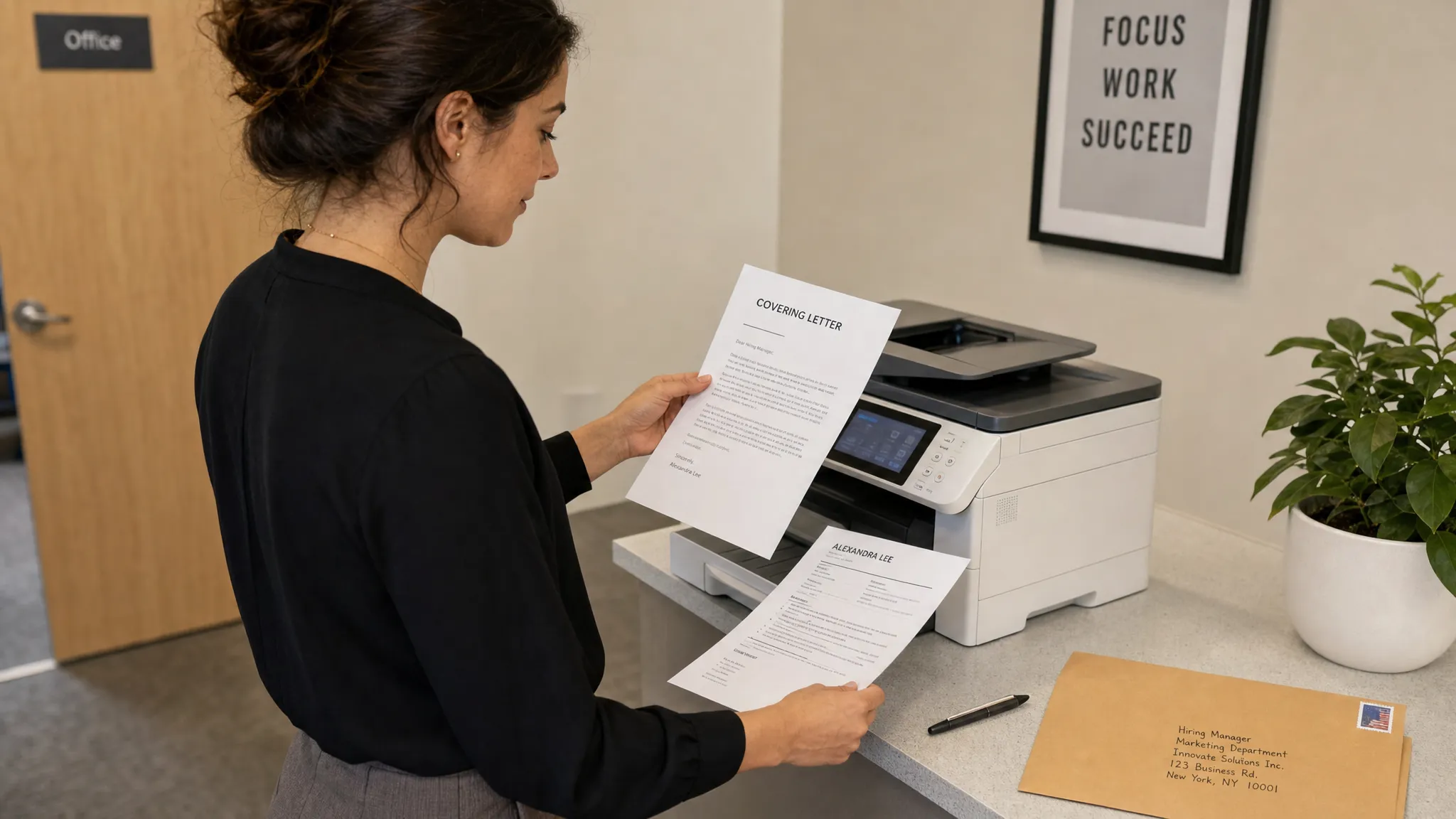 Landscape scene of a person standing at a simple office printer reviewing a freshly printed covering letter while holding a resume, with a pen and envelope on a nearby counter, suggesting a final job application ready to send. Medium-wide framing, indoor setting, eye-level view, focused on one clear hero document and a professional, calm mood.