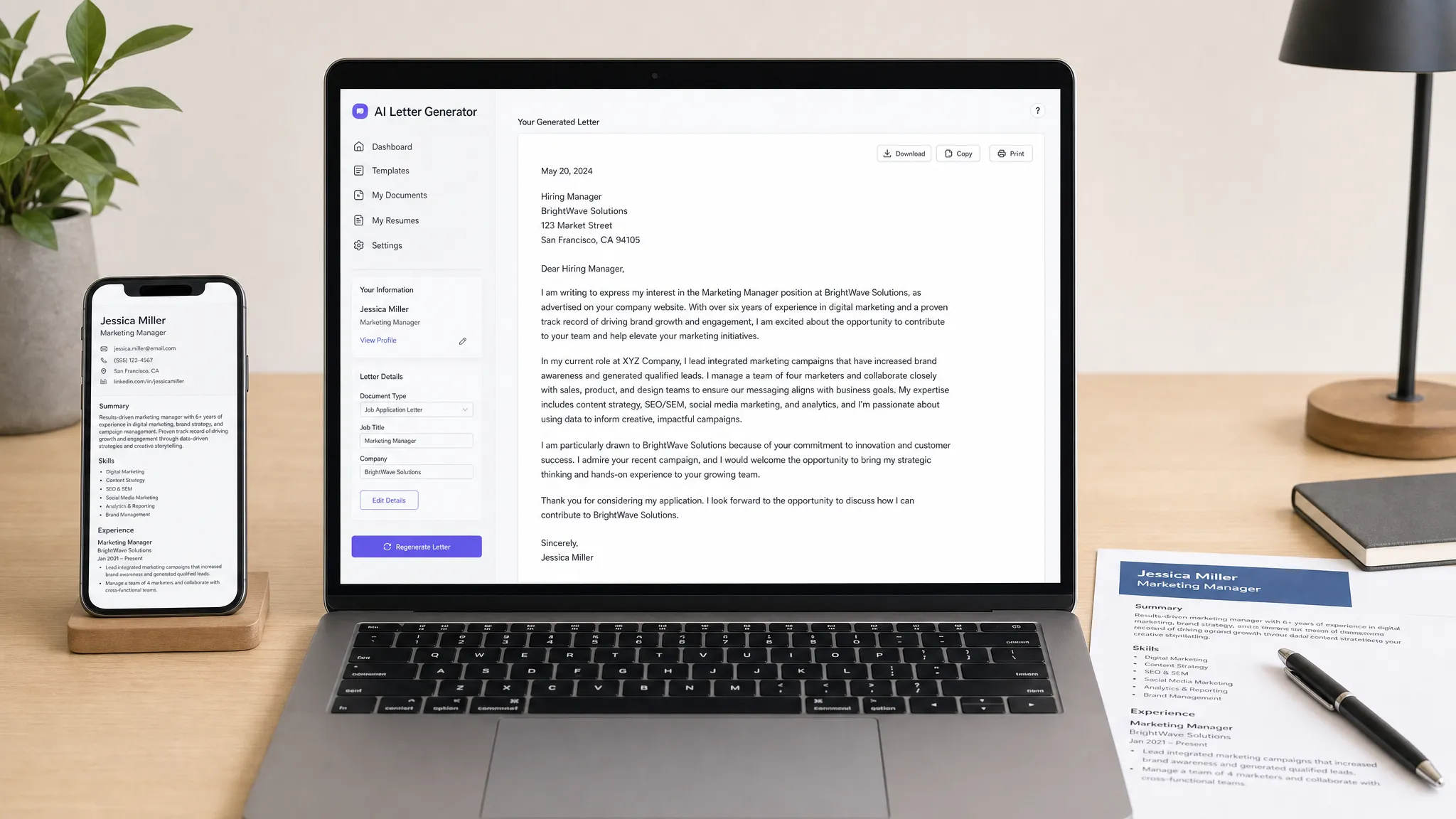 Landscape scene of a professional AI letter generator interface displayed on a laptop screen facing the camera, with a finished job application letter draft visible on the screen and a smartphone and printed resume laid out beside it, all arranged on a clean desk with no people visible. Wide framing, eye-level view, indoor setting, focused on a single hero screen with supporting application materials, calm and efficient mood.