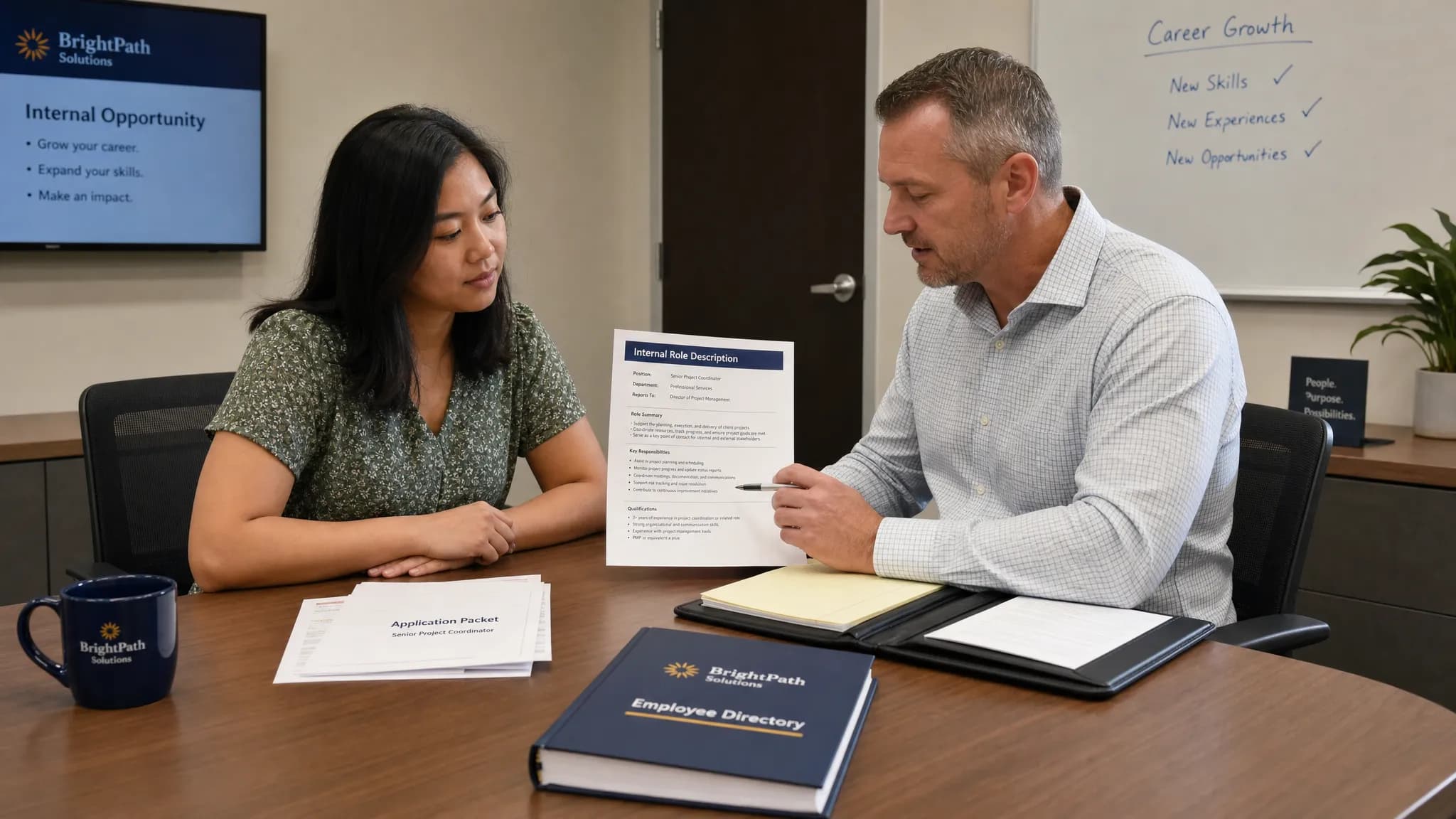 Landscape scene of an employee and hiring manager in a small meeting room reviewing an internal role description and a printed application packet on a conference table, with a folder, notepad, and company directory nearby, suggesting an internal job move and career progression. Medium-wide framing, indoor setting, eye-level view, multi-element arrangement, professional and composed mood.