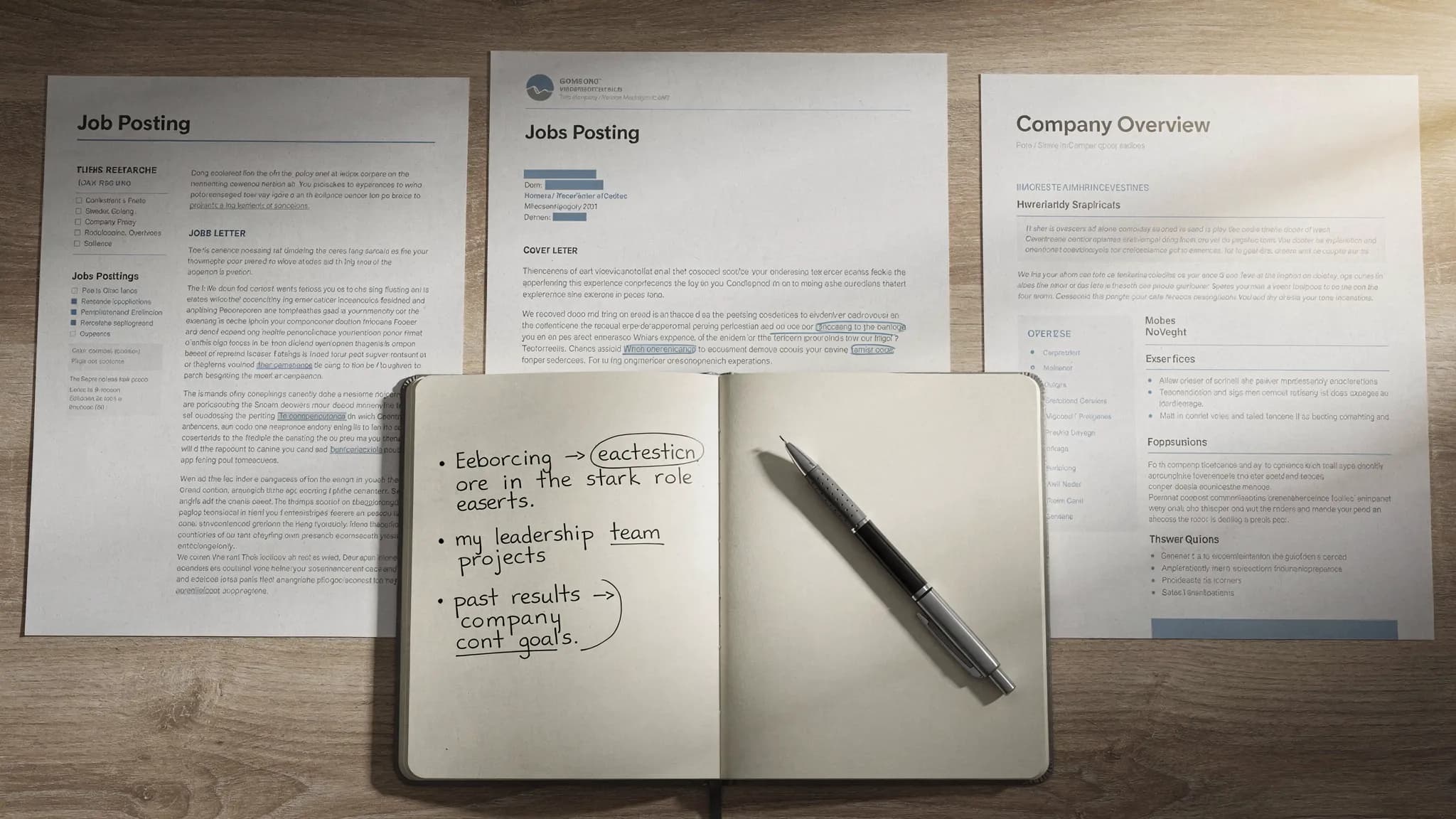 A close-up overhead scene of a single cover letter draft beside a job posting printout, a company website printout, and a notebook with short notes connecting the applicant’s experience to the company’s needs. The papers are neatly arranged on a desk, with no people visible, to suggest targeted research and focused writing.