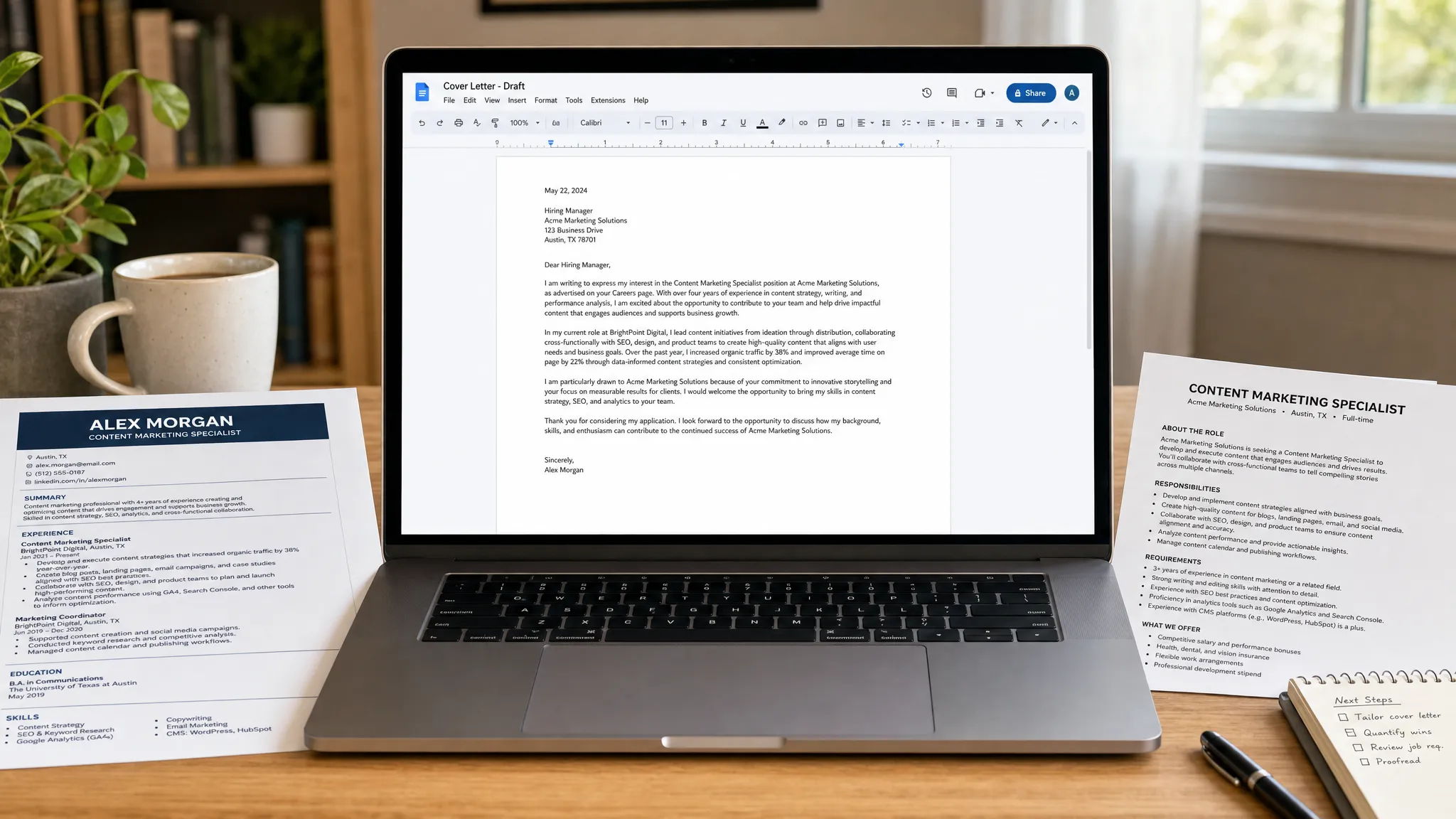 Landscape scene of a clean digital workspace showing a laptop and a document editor interface for a new cover letter draft, with the screen facing the camera and only the draft visible, plus a resume page and a job posting printout arranged beside it. Wide framing, eye-level view, indoor setting, focused on one clear hero screen and supporting papers, with a calm, efficient mood.