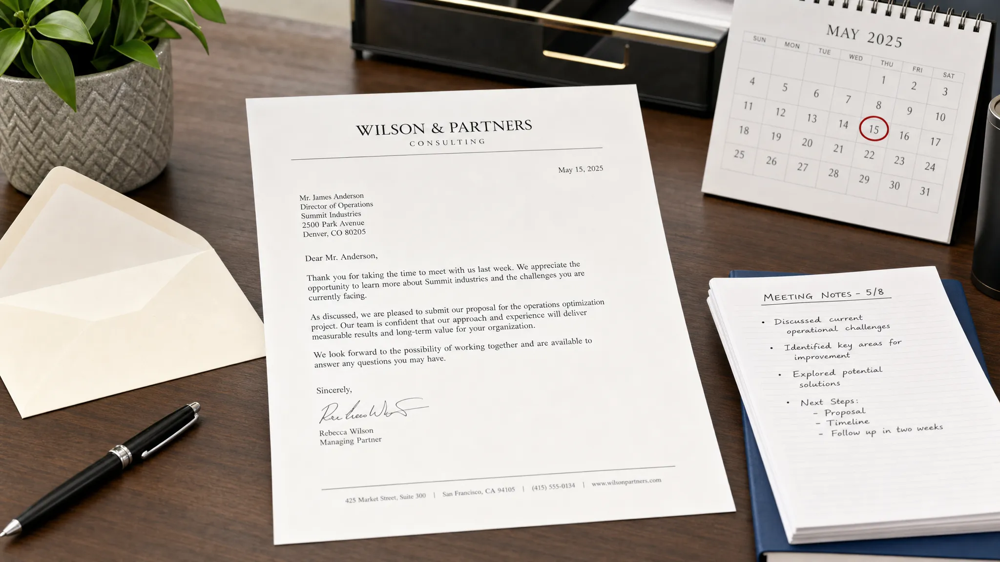 Landscape scene of a professional letter draft being prepared at a tidy office desk, with a printed letter page centered as the hero element, an open envelope, a pen, a small stack of meeting notes, and a calendar page nearby, no people visible. Wide framing, slightly angled eye-level view, indoor setting, focused on clear workplace communication and an important message ready to send with a calm, composed mood.