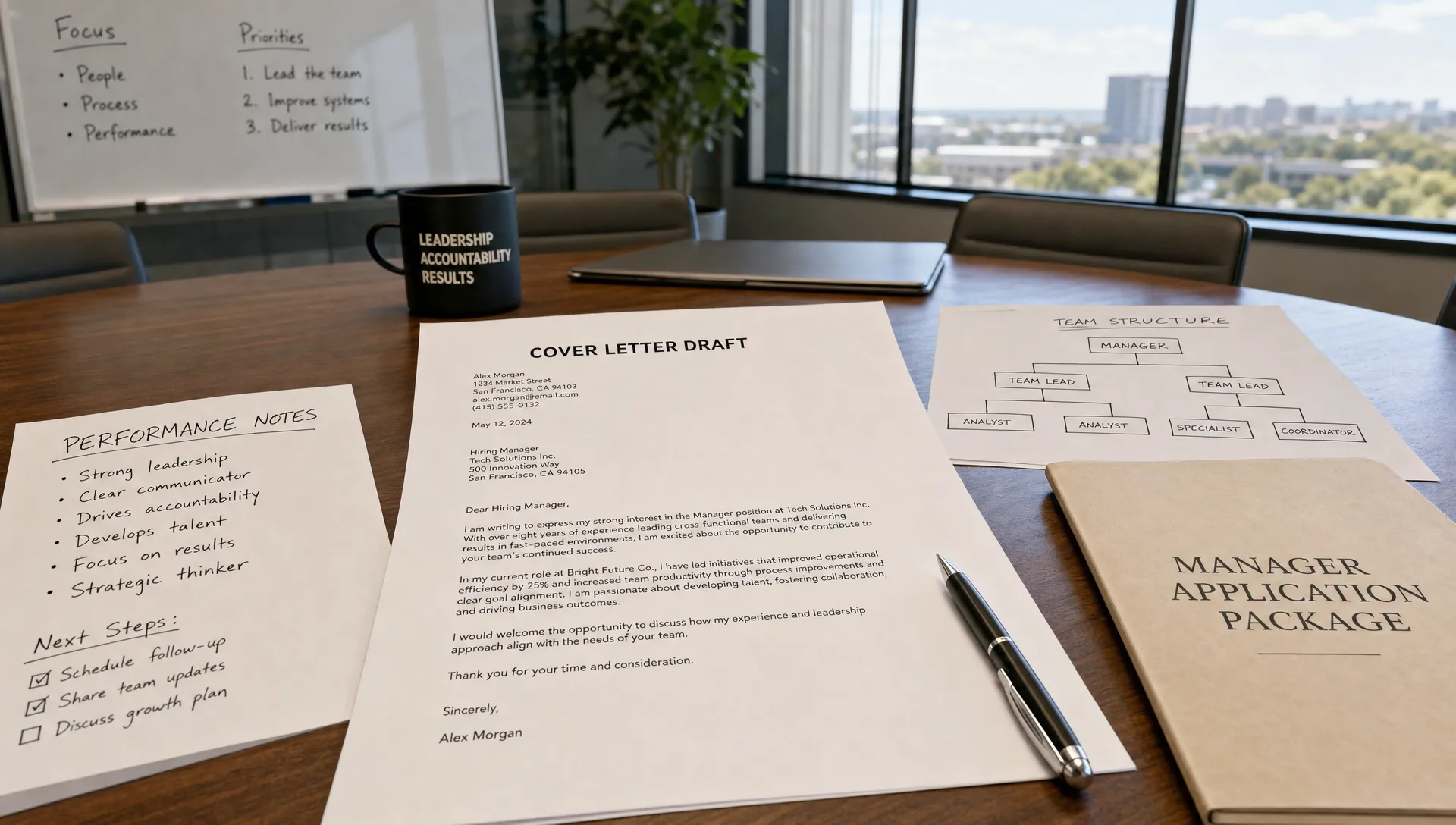 Landscape scene of a manager application review in a modern office meeting space, with a printed cover letter draft as the hero element, a performance notes sheet, a team structure sketch, a pen, and a clean folder arranged across a conference table, no people visible. Wide framing, slightly angled eye-level view, indoor setting, focused on leadership communication, accountability, and preparing a polished job application with a composed, confident mood.