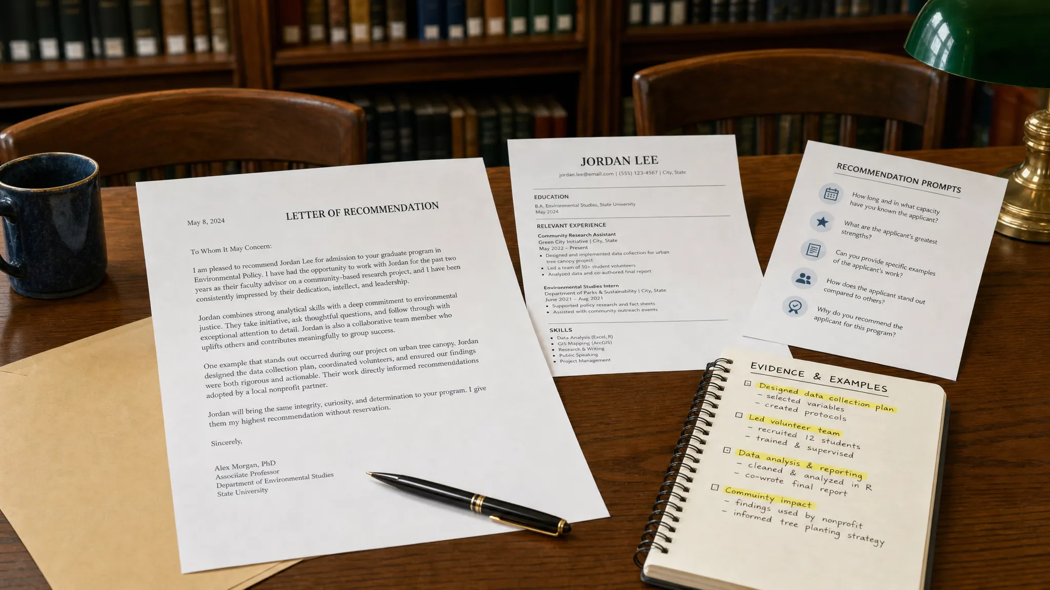 Landscape scene of a formal recommendation letter review setup on a library table, with a printed letter draft, a résumé page, a sheet of recommendation prompts, and a few highlighted evidence notes arranged neatly beside a fountain pen and envelope, no people visible. Wide framing, slightly angled eye-level view, indoor setting, focused on turning specific examples into a credible endorsement with a calm, thoughtful mood.