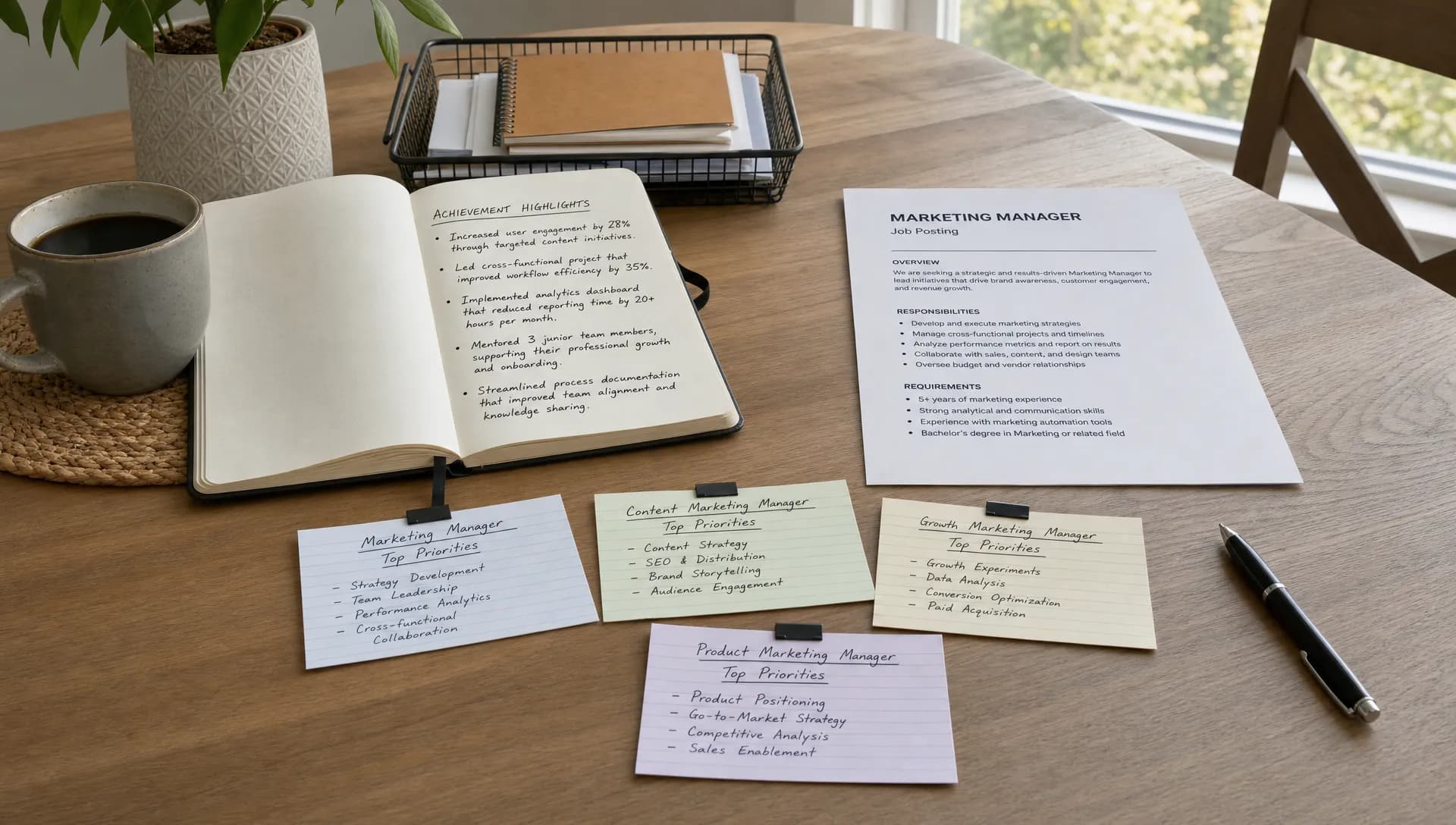Landscape scene of a small set of reusable application assets arranged on a dining table near a bright window, with a notebook open to achievement bullets as the hero element, several clipped index cards labeled with role priorities, a printed job posting, and a pen beside them, no people visible. Wide framing, slightly elevated eye-level view, indoor setting, focused on building a fast cover letter customization system with a calm, organized mood.