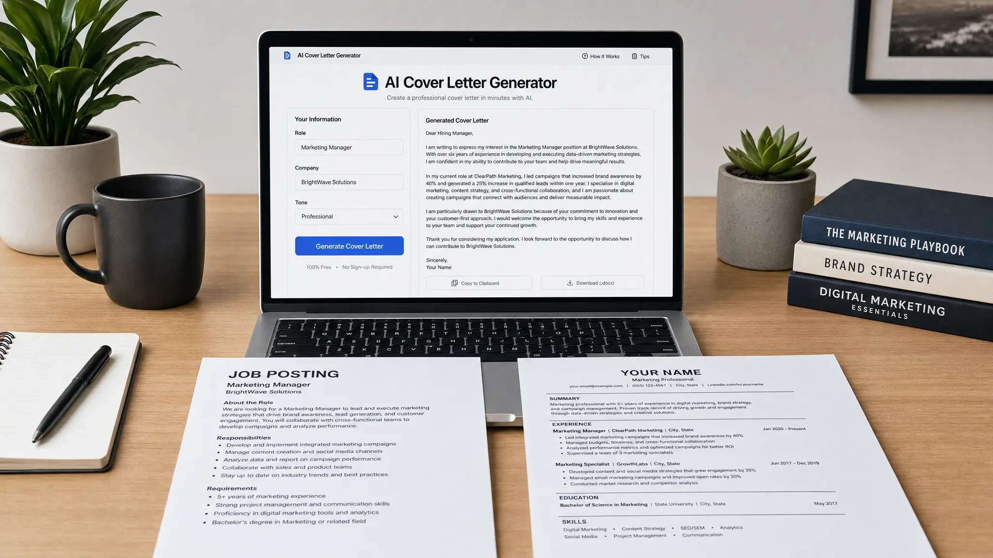 Landscape scene of a free AI cover letter generator concept shown as a desktop browser interface on a laptop screen facing the camera, with a short input form for role, company, and tone on the screen and a generated letter preview beside it, plus a job posting printout and a resume page arranged nearby on a clean desk, with no people visible. Wide framing, eye-level view, indoor setting, centered on a digital drafting workflow with a calm, efficient mood.