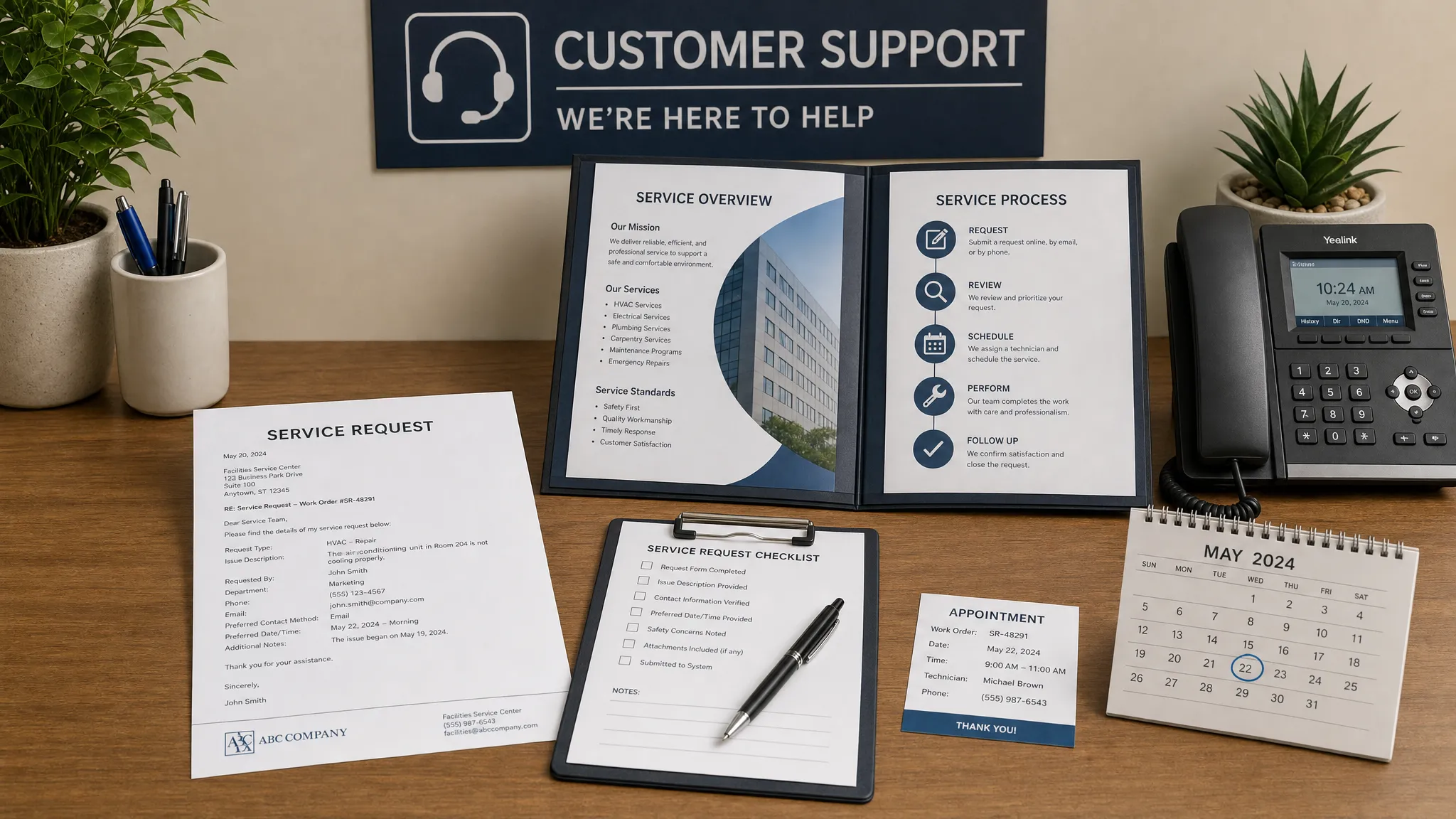 Landscape scene of a customer support or facilities service desk with a printed service request letter, an open folder of reference documents, a phone, and a clipboard laid out beside a small wall calendar and an appointment card, with no people visible. Wide framing, eye-level view, indoor setting, focused on a clear service-processing workflow with a calm, organized mood.