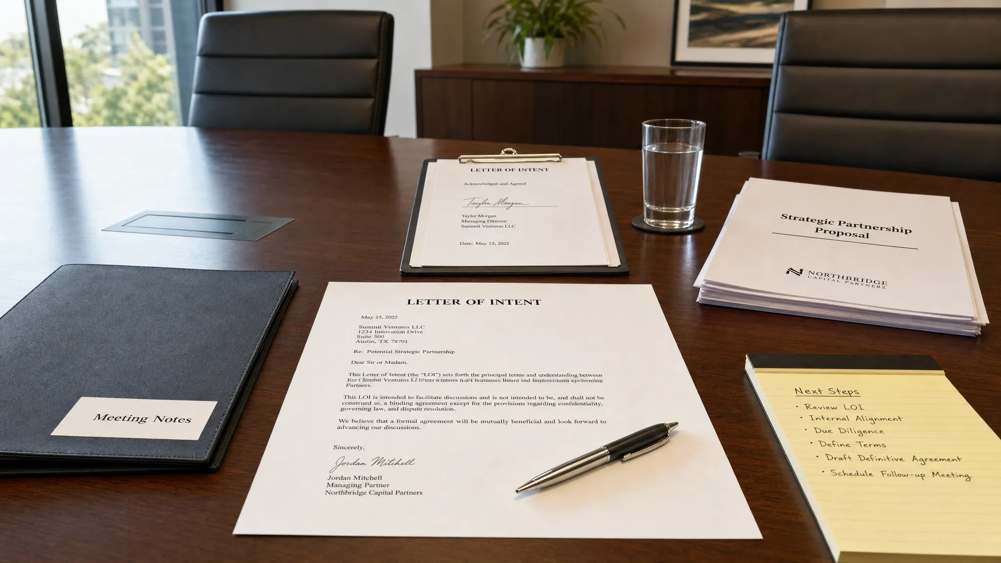 Landscape scene of a formal letter of intent being prepared in a clean business meeting room, with a printed letter draft centered on the table, a signed-looking clipboard, a pen, a folder labeled with notes, and a small stack of proposal pages arranged around it, no people visible. Wide framing, slightly angled eye-level view, focused on the idea of serious professional intent and next-step planning with a calm, authoritative mood.