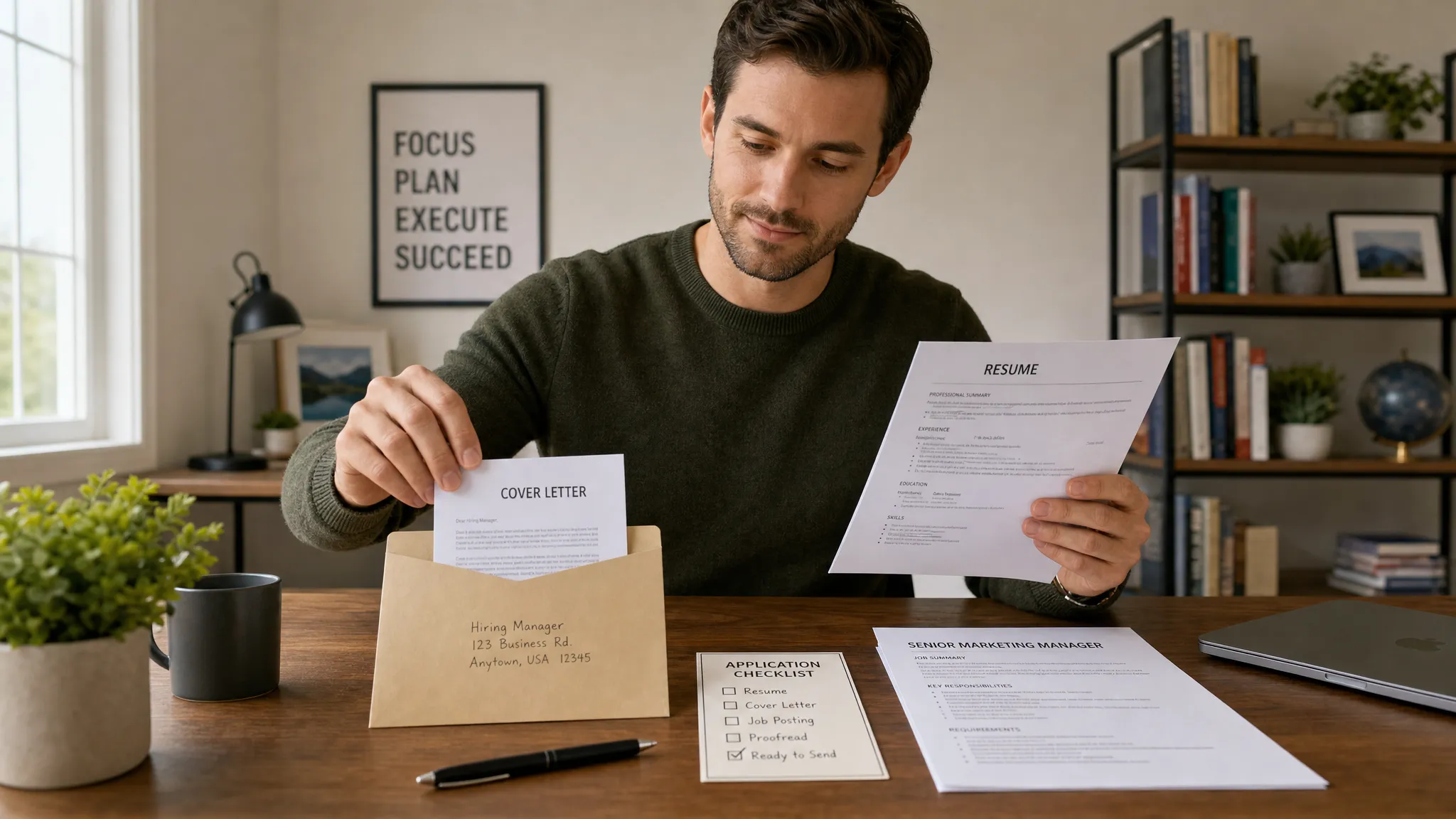 Landscape scene of a candidate preparing a job application at a quiet home office, with one hand placing a tailored cover letter into an envelope and the other holding a resume page, while a printed job posting, a small checklist card, and a pen sit nearby on the desk. Wide framing, eye-level view, indoor setting, focused on the final send-ready step with a calm, confident mood.