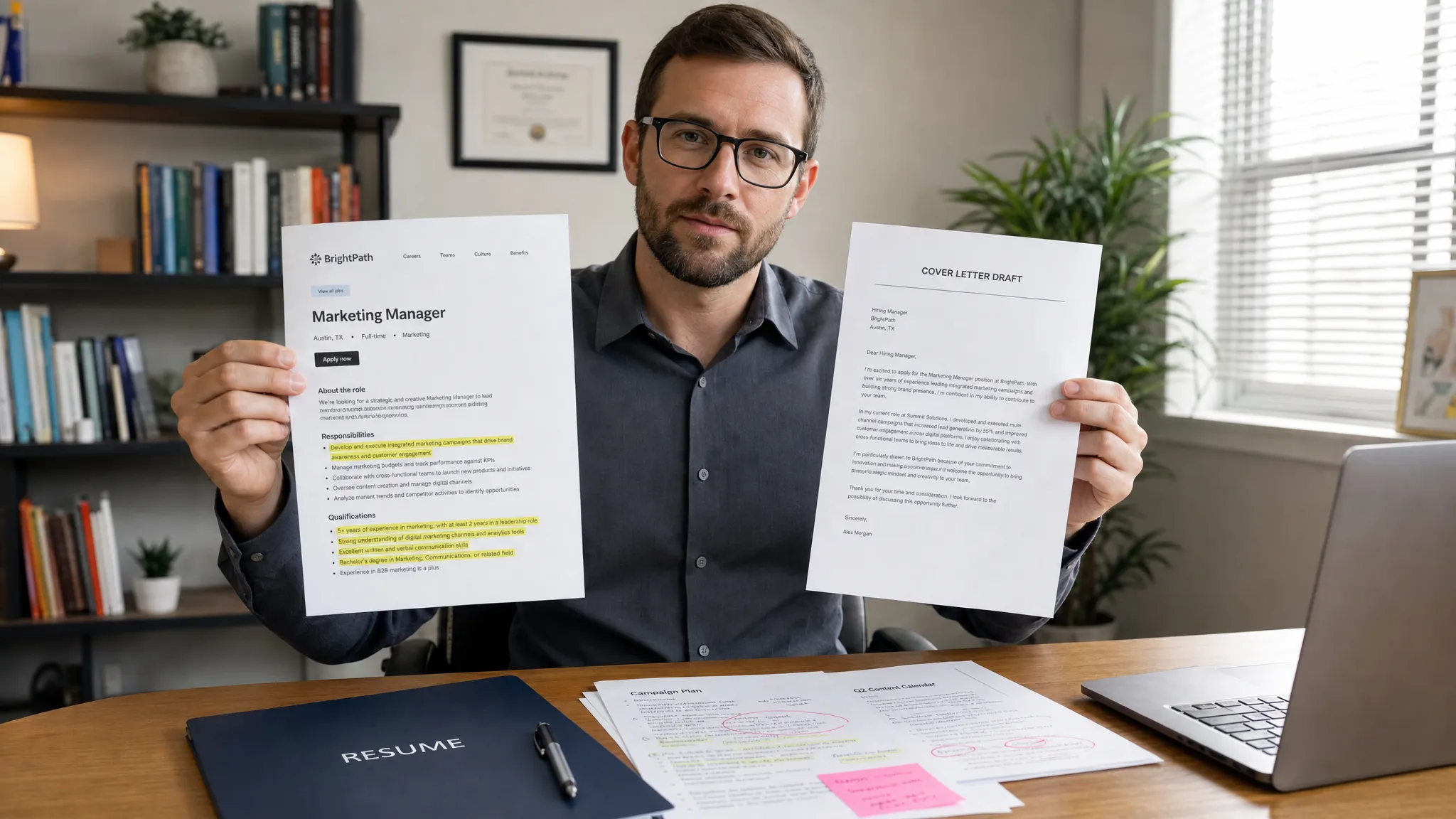 Landscape scene of a person in a small office holding a highlighted job posting sheet in one hand and a printed cover letter draft in the other, with a resume folder and a few annotated pages on the desk nearby. Medium-wide framing, eye-level view, indoor setting, focused on one clear hero person and document pair, with a calm professional mood.