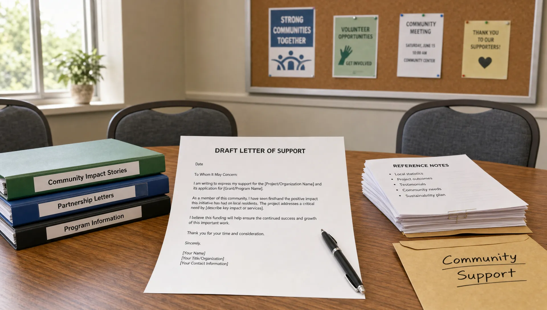 Landscape scene of a modest community meeting table with a support letter draft centered as the hero element, surrounded by a few labeled folders, a stack of reference notes, an envelope, and a pen, with a bulletin board and soft daylight in the background, no people visible. Wide framing, slightly angled eye-level view, indoor setting, focused on preparing a credible letter of support with a calm, reassuring mood.