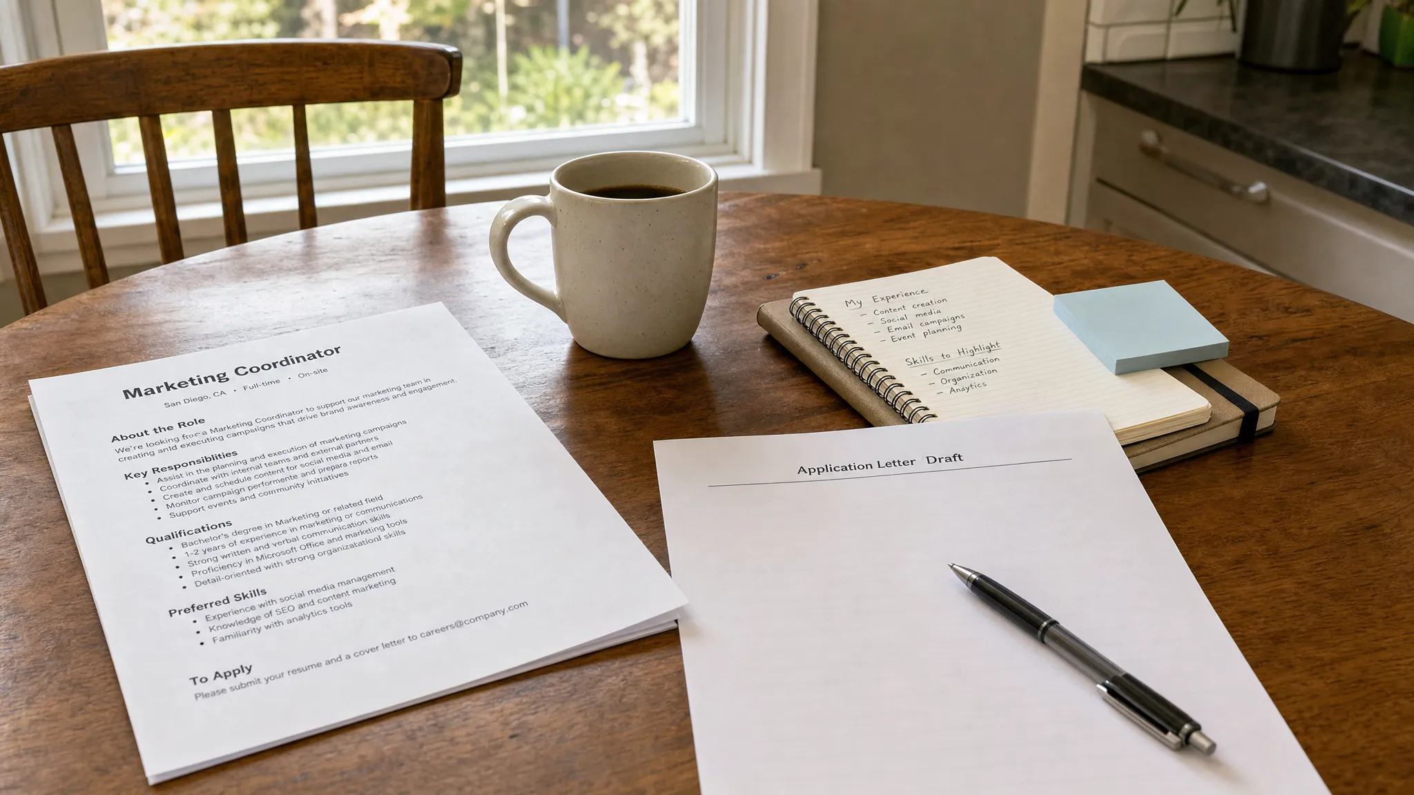 Landscape scene of a simple job application planning setup on a kitchen table near a window, with a printed job posting, a blank application letter draft, a pen, and a small stack of notes arranged beside a mug, no people visible. Wide framing, slightly elevated eye-level view, indoor setting, focused on getting started from a blank page with a calm, focused mood.