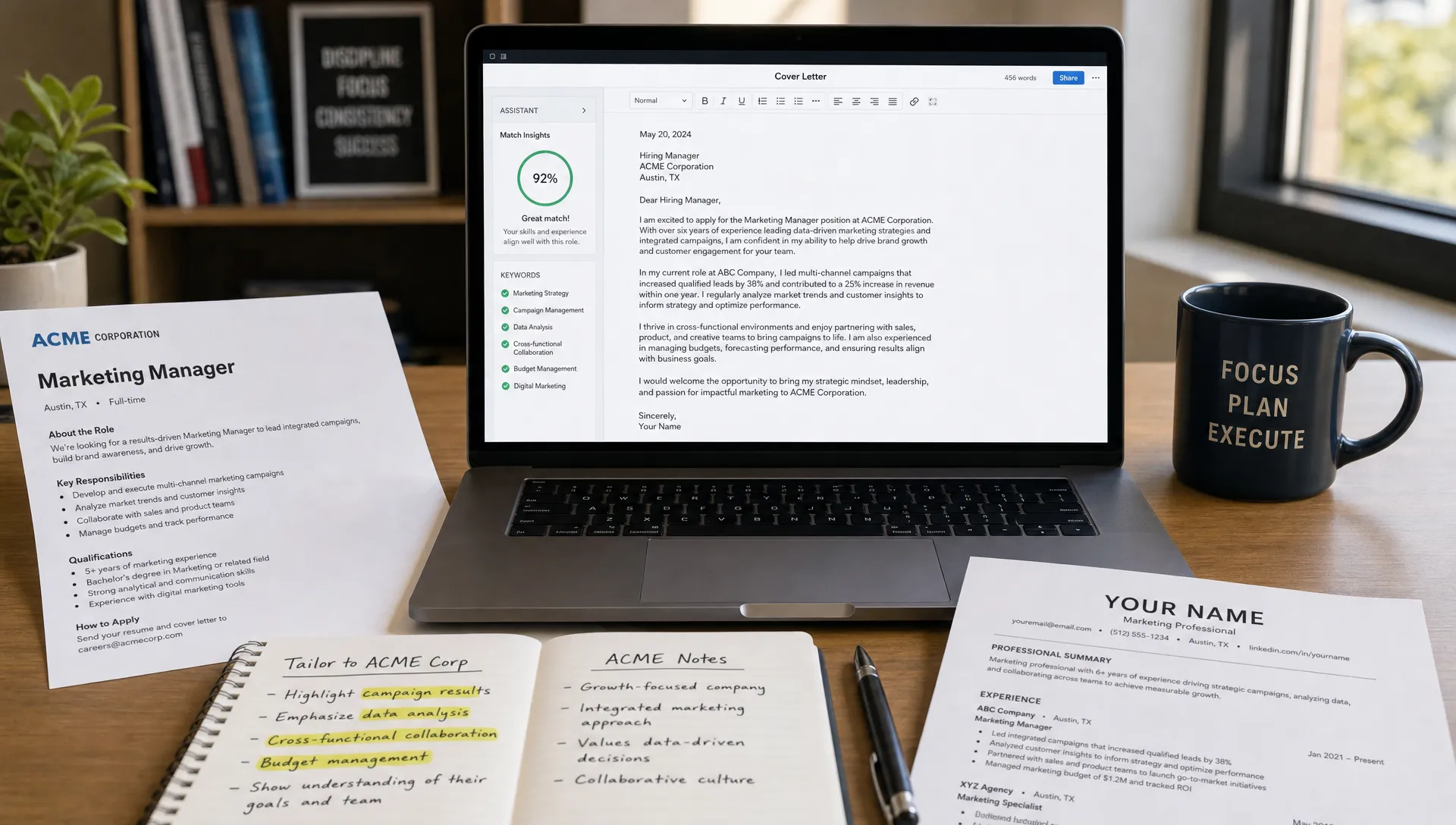 Landscape scene of a hiring decision moment on a clean office desk, with a laptop showing a face-to-camera cover letter editor on screen and a printed job posting beside it, plus highlighted notes, a resume page, and a mug arranged around the workspace, no people visible. Wide framing, slightly elevated eye-level view, indoor setting, focused on tailoring a cover letter to a specific role with a clear, focused mood.