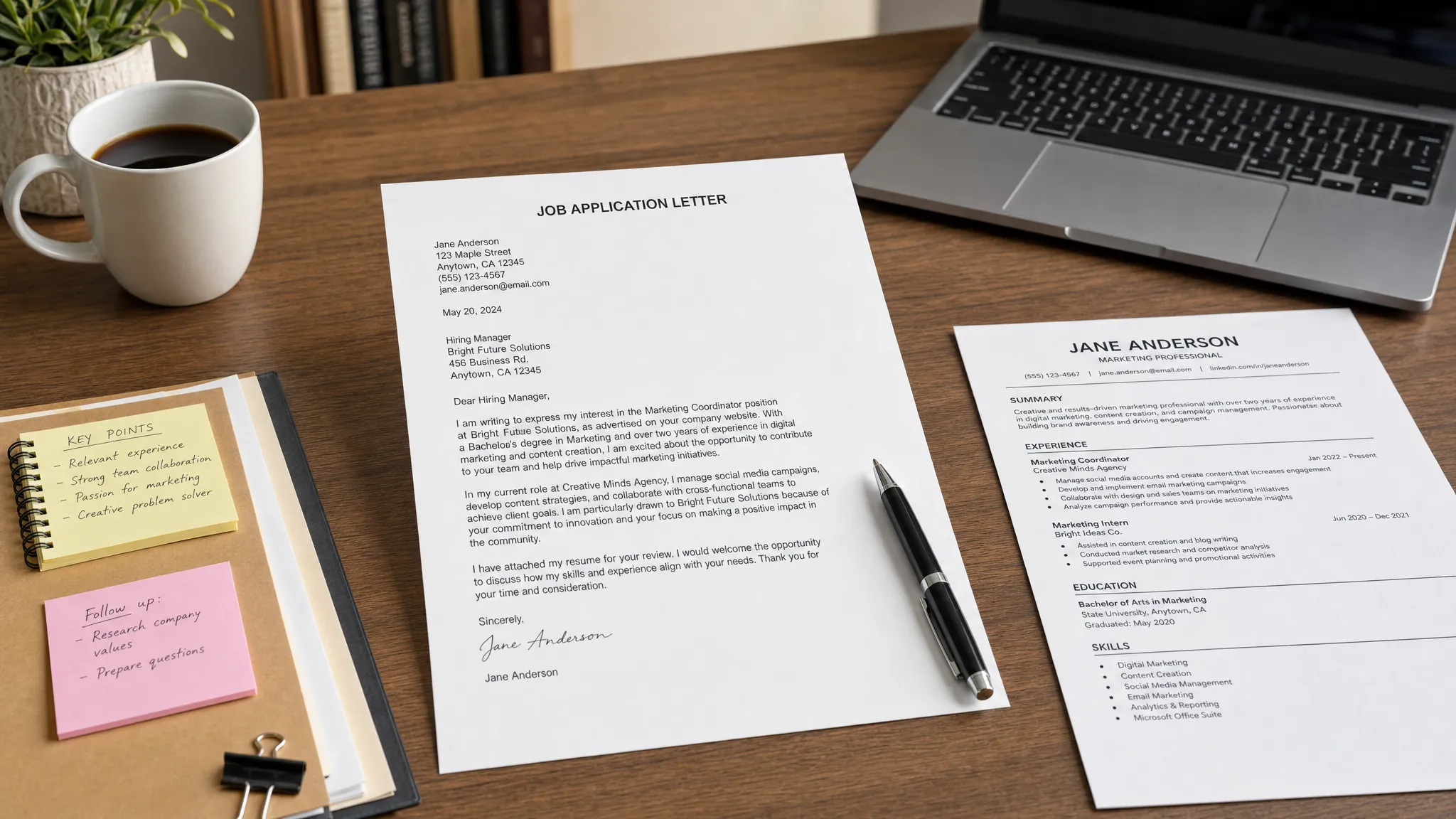 Landscape scene of a professional writing workspace with a neatly formatted job letter draft on a desk beside a resume page, a pen, a small folder of notes, and an open laptop angled slightly away so the screen is not the focus, suggesting the editing and polishing stage of a job formal letter. Wide framing, eye-level view, indoor setting, with a single clear document as the hero element and a calm, organized mood.