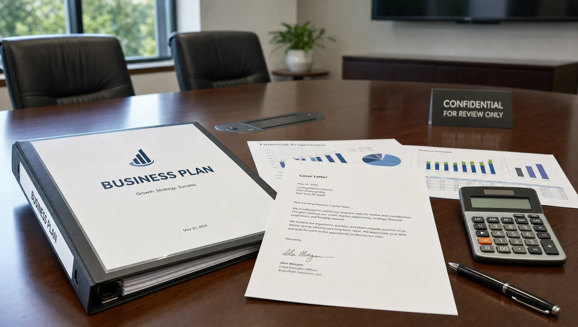 Landscape scene of a business plan submission package arranged on a conference room table, with a printed business plan binder as the hero element, a signed cover letter on top, a calculator, a few financial charts, and a pen beside it, with a subtle meeting room backdrop and no people visible. Wide framing, slightly angled eye-level view, indoor setting, focused on a lender or investor review moment with a calm, credible mood.