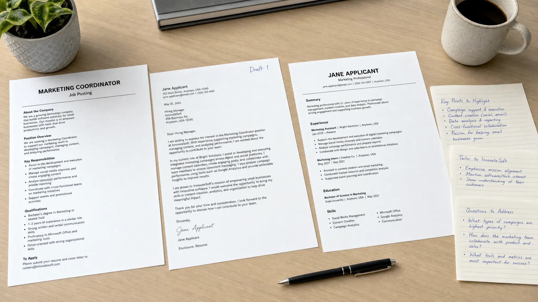 Landscape scene of a simple workflow for creating a tailored cover letter, showing a printed job posting, a fresh letter draft, a resume page, and a few handwritten notes laid out in a neat diagonal arrangement on a clean desk, with no people visible. Wide framing, overhead point of view, indoor setting, focused on multiple documents and annotations with a calm, practical mood.