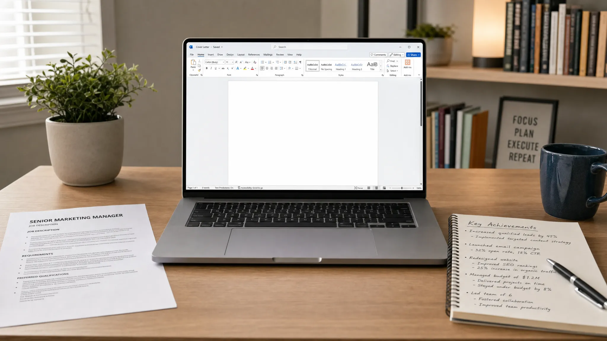 Landscape scene of a focused career coach style workspace with a printed job posting, a handwritten notes sheet outlining achievements, a pen, and a laptop facing the camera showing a blank cover letter draft with no other content on the screen, all arranged on a clean desk with no people visible. Wide framing, eye-level view, indoor setting, centered on the prompt-building process with a calm, practical mood.