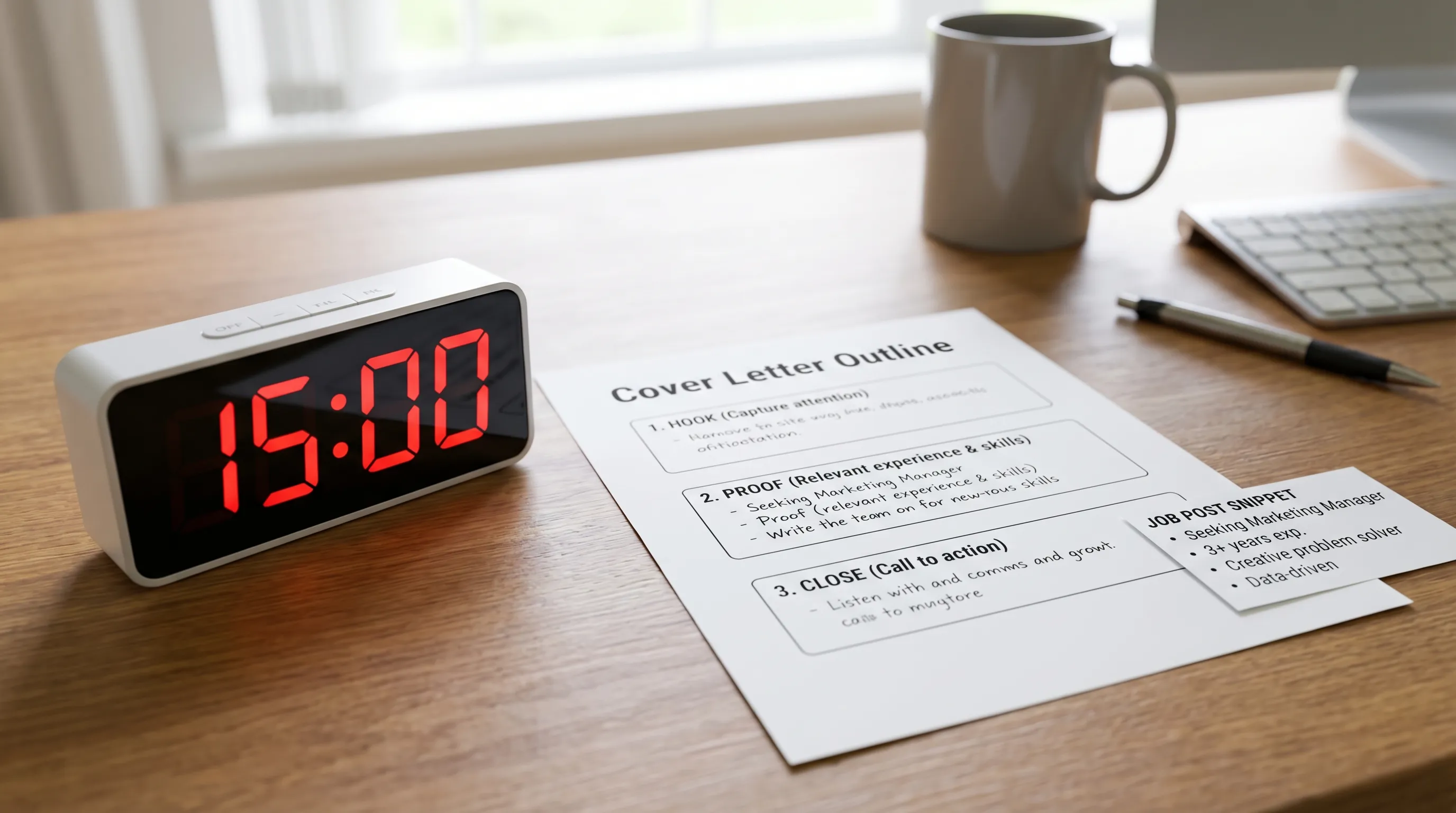 A simple 15-minute countdown timer next to a one-page cover letter outline showing three labeled blocks: Hook, Proof, Close, with a job post snippet on the side.