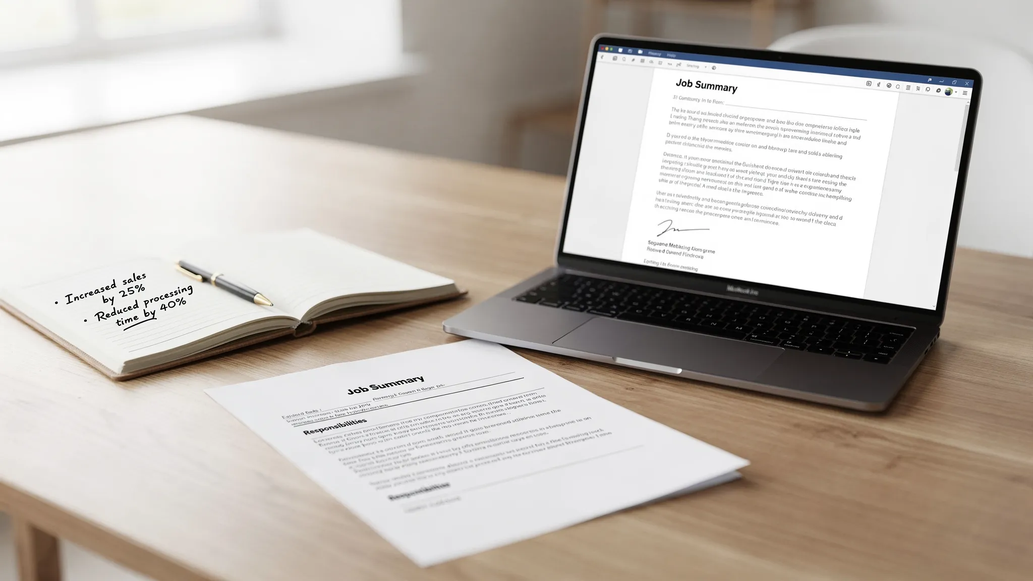 A clean desk scene with a printed job description, a notepad showing two quantified achievements, and a laptop with a simple three-paragraph cover letter draft (screen facing the viewer, no visible brand logos).