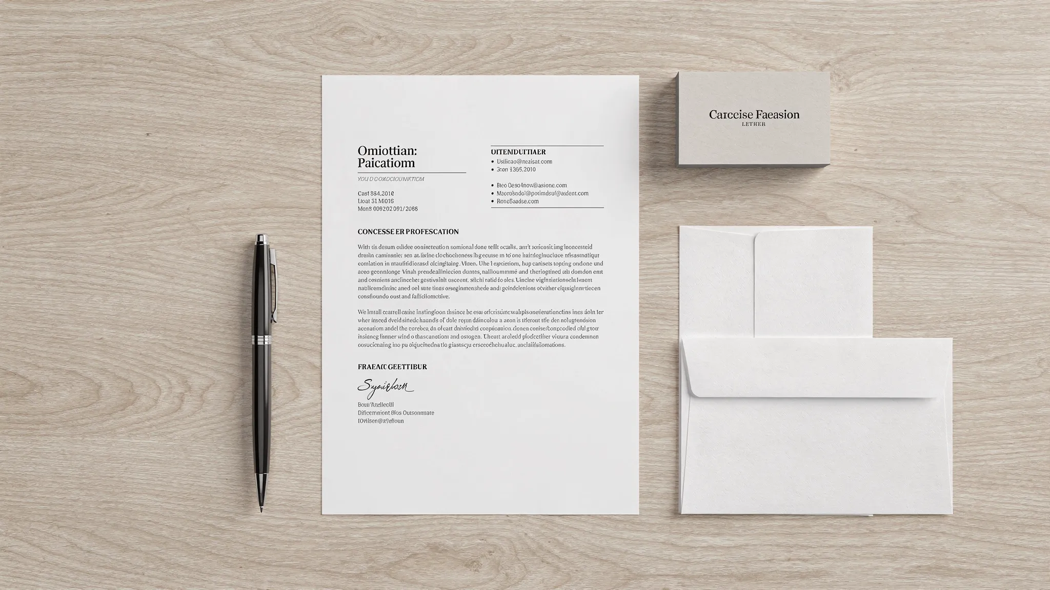 A clean desk with a printed resume, a concise professional letter, a pen, and a small stack of business cards arranged neatly beside an envelope.